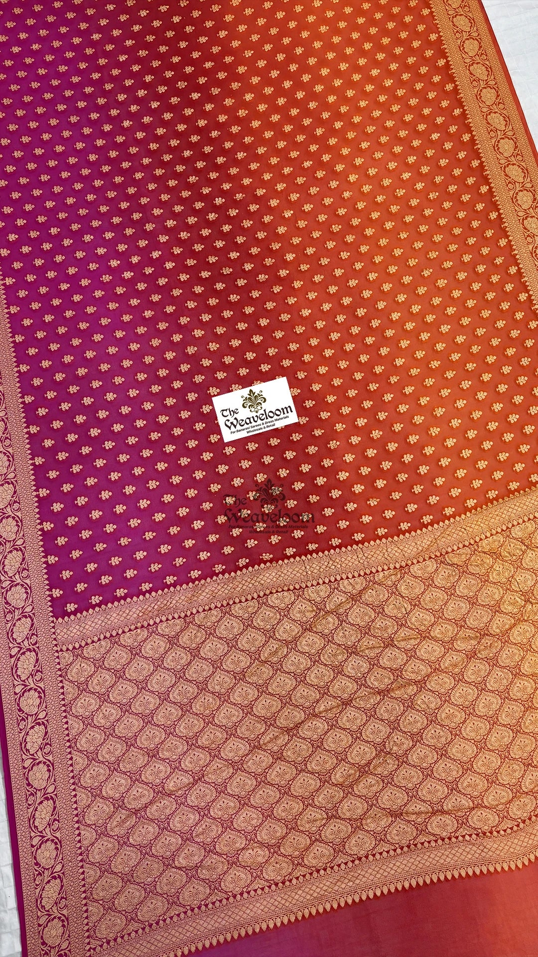 Rani tri-shade purple to orange booti crepe georgette pure Banarasi saree by The Weaveloom
