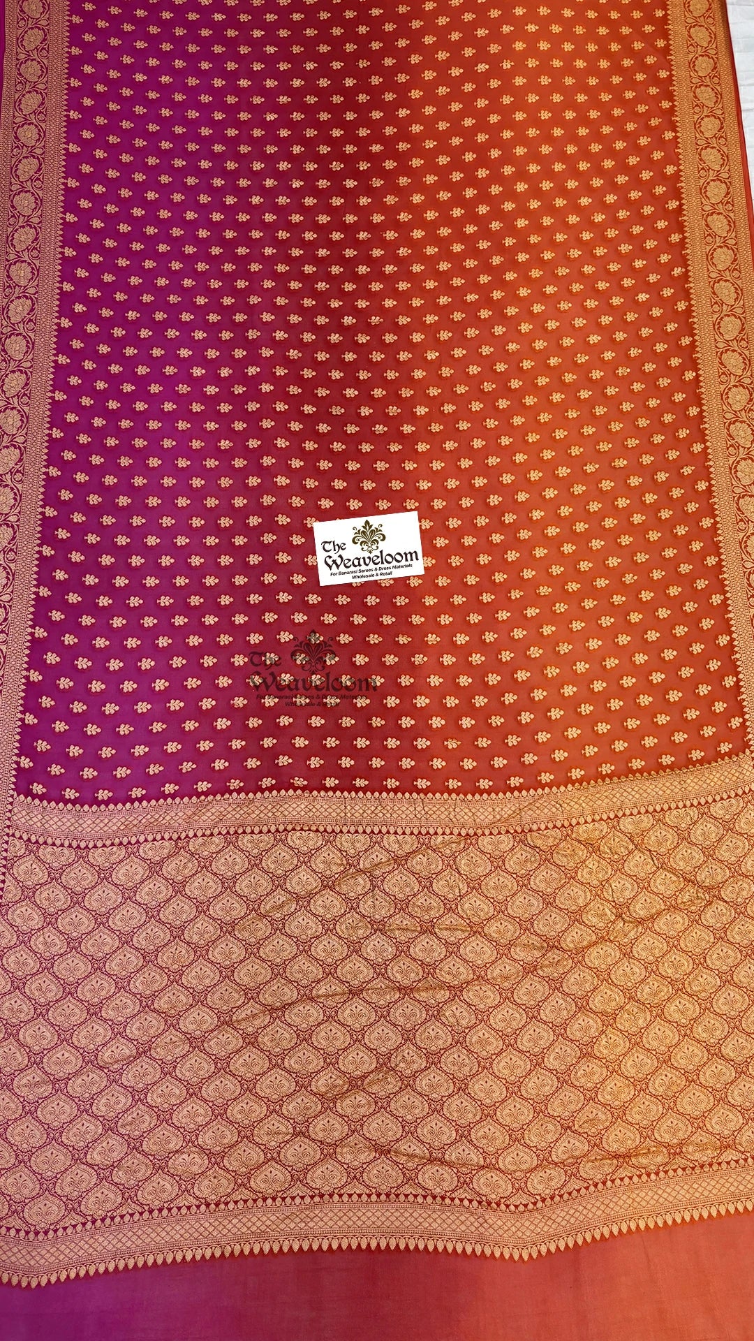 Rani tri-shade purple to orange booti crepe georgette pure Banarasi saree by The Weaveloom