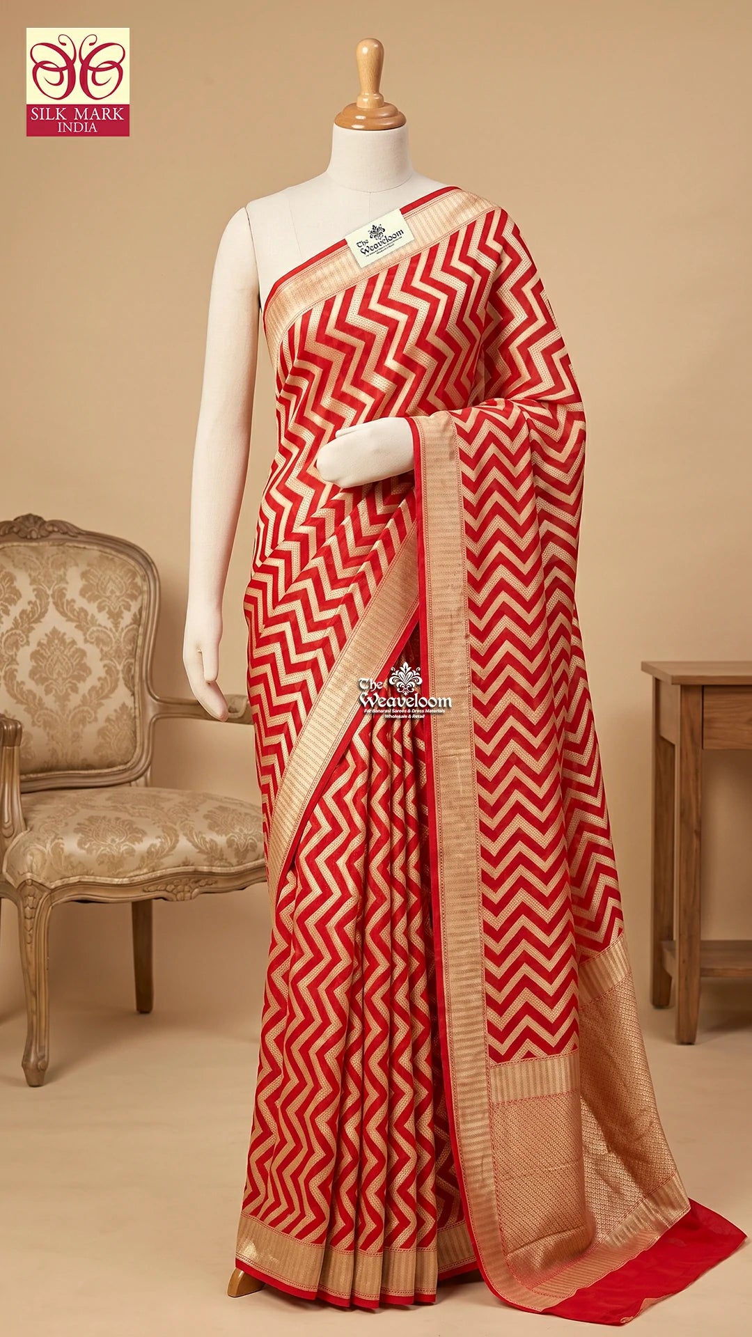 Red Chevron Zari Pure Khaddi Georgette Banarasi Saree by The Weaveloom