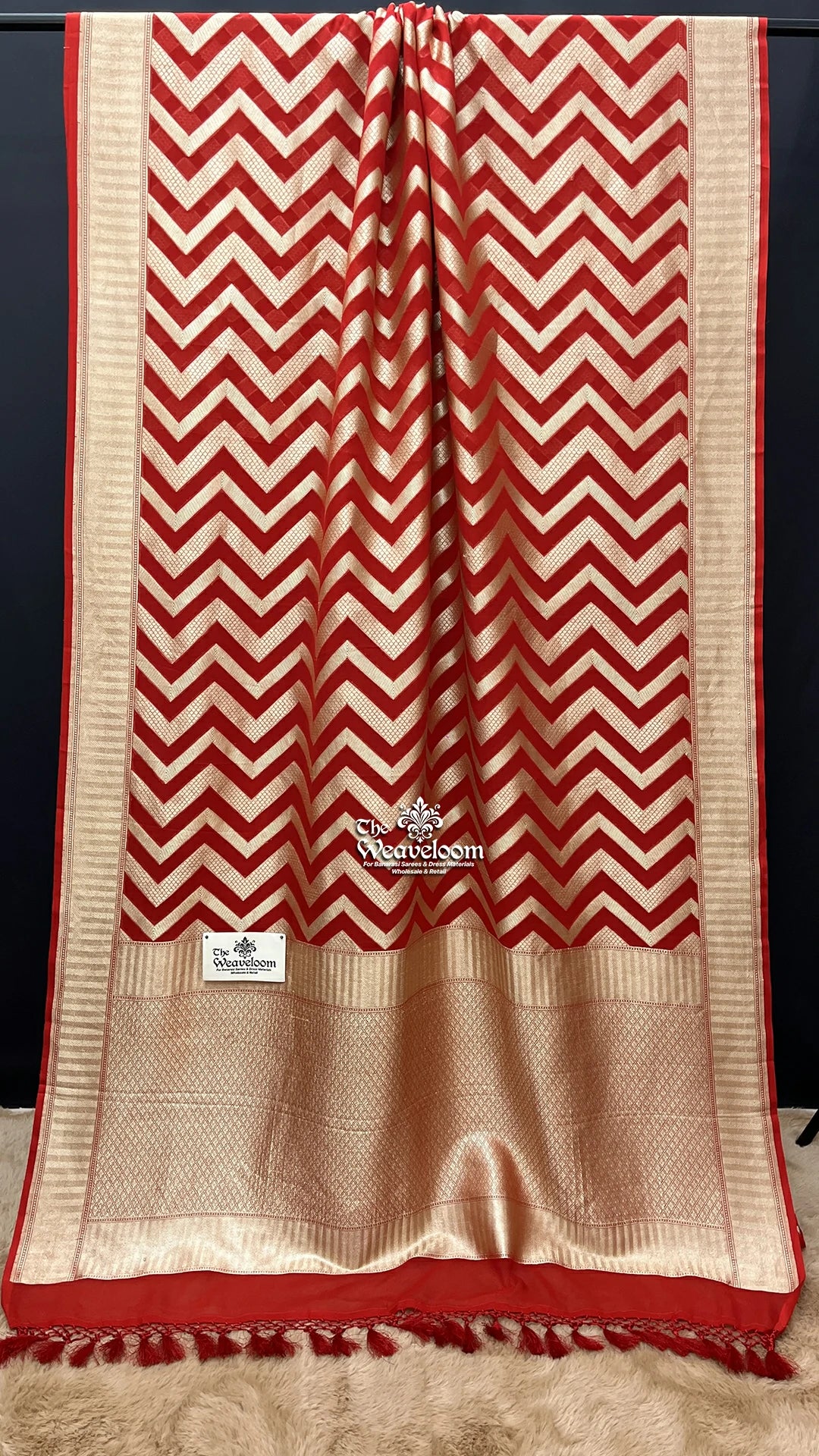 Red Chevron Zari Pure Khaddi Georgette Banarasi Saree by The Weaveloom