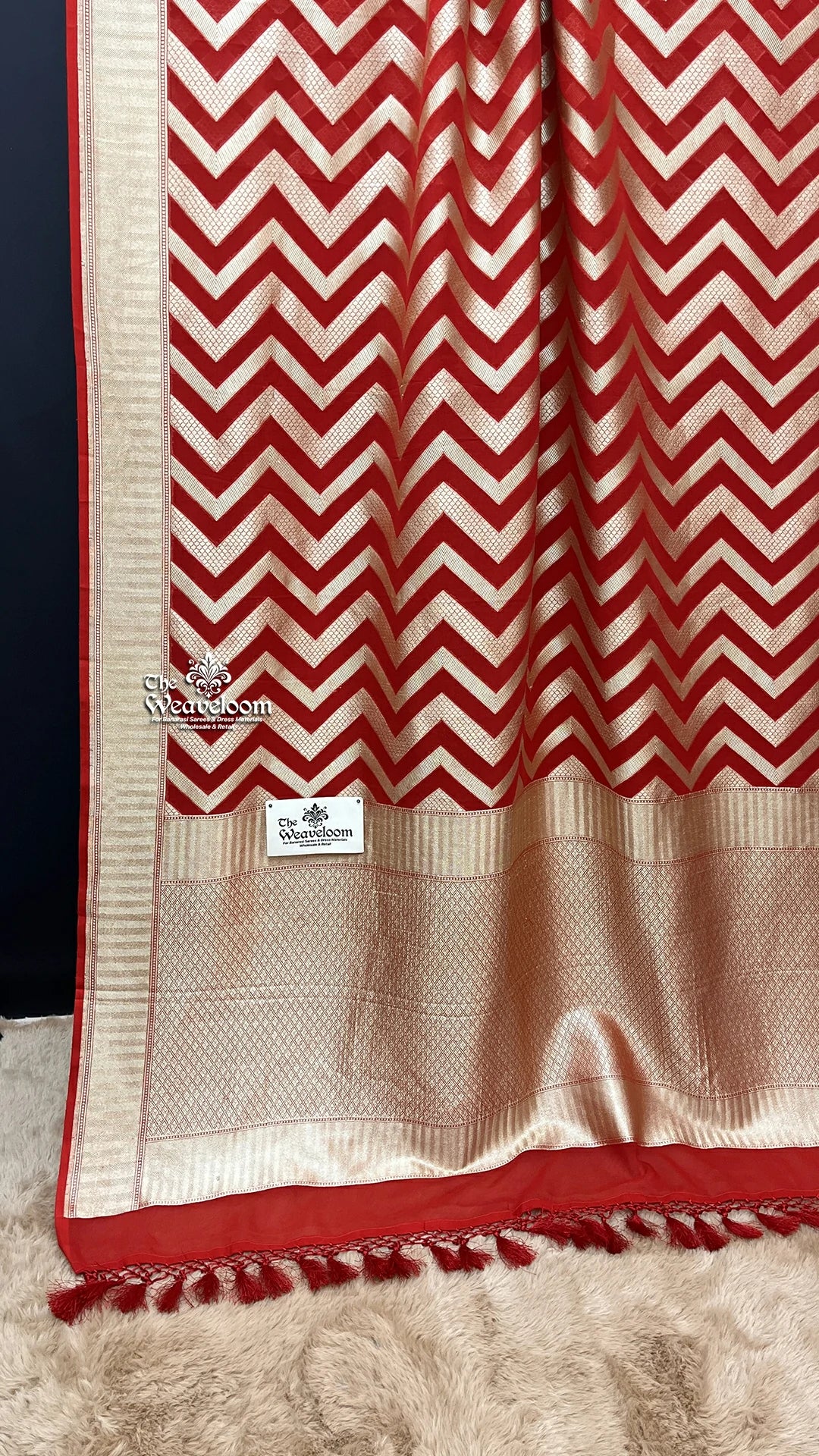Red Chevron Zari Pure Khaddi Georgette Banarasi Saree by The Weaveloom