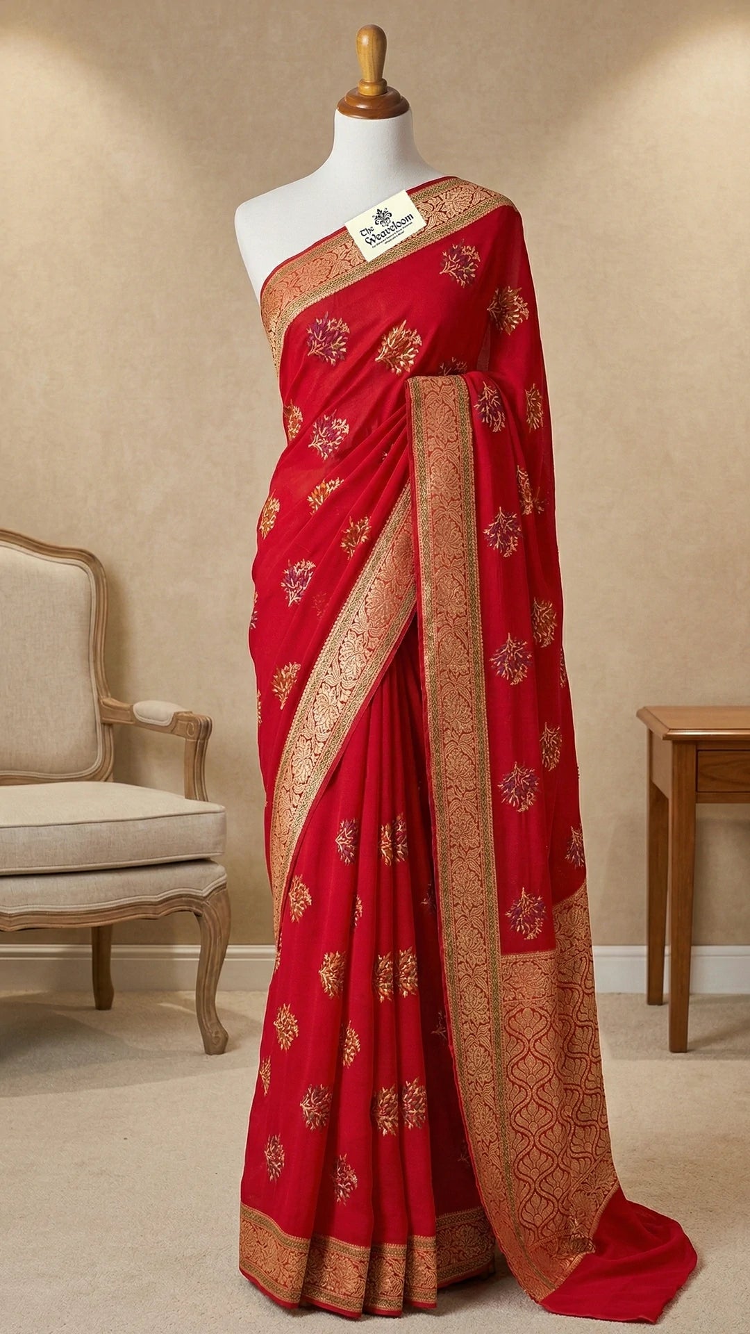 Red Crepe Georgette Meenakari Pure Banarasi Saree with Golden Zari Border The Weaveloom