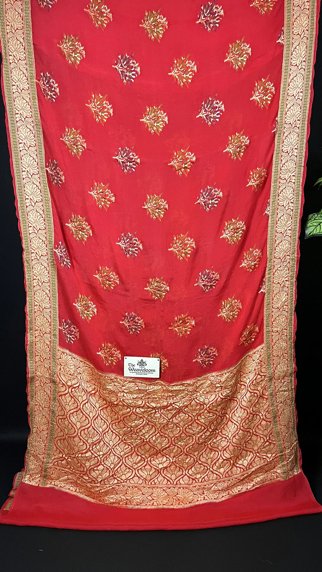 Red Crepe Georgette Meenakari Pure Banarasi Saree with Golden Zari Border The Weaveloom