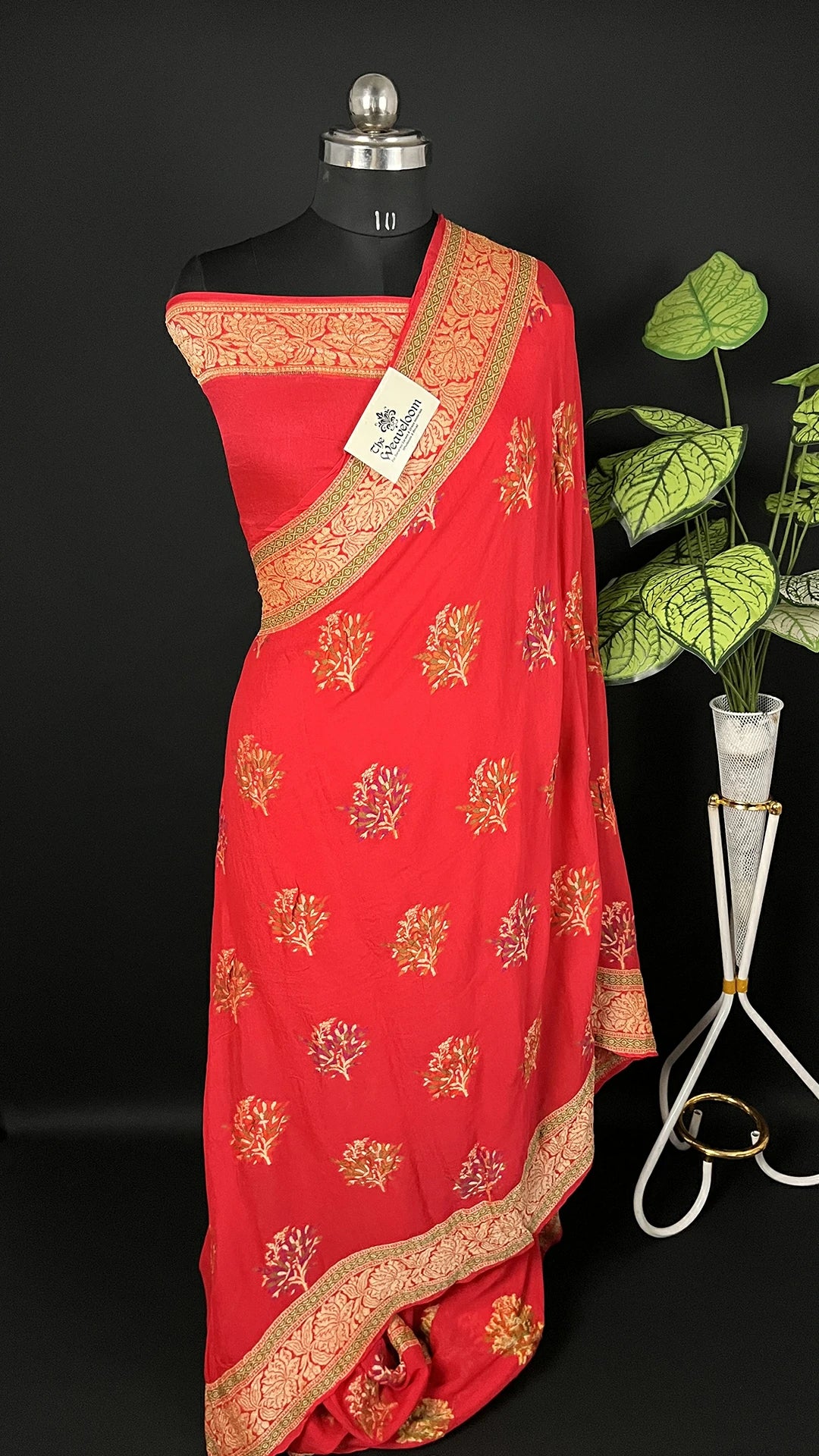 Red Crepe Georgette Meenakari Pure Banarasi Saree with Golden Zari Border The Weaveloom