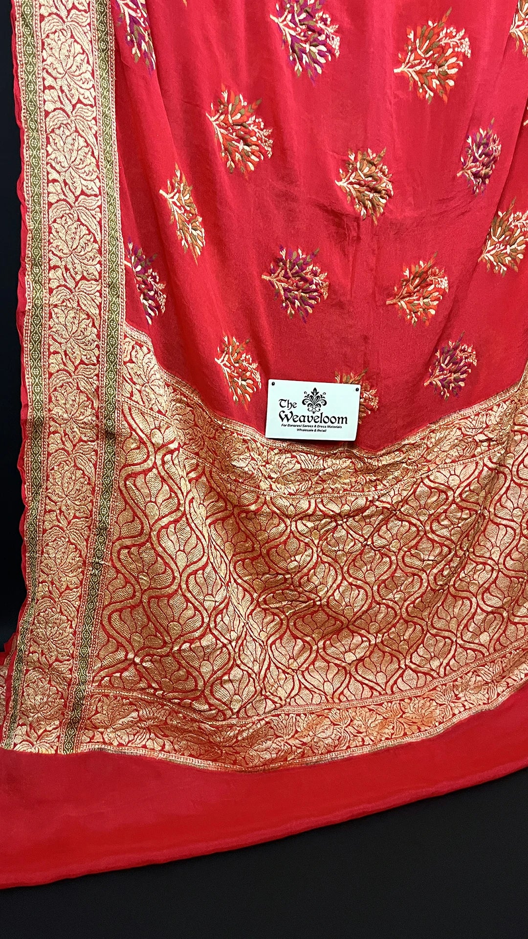 Red Crepe Georgette Meenakari Pure Banarasi Saree with Golden Zari Border The Weaveloom