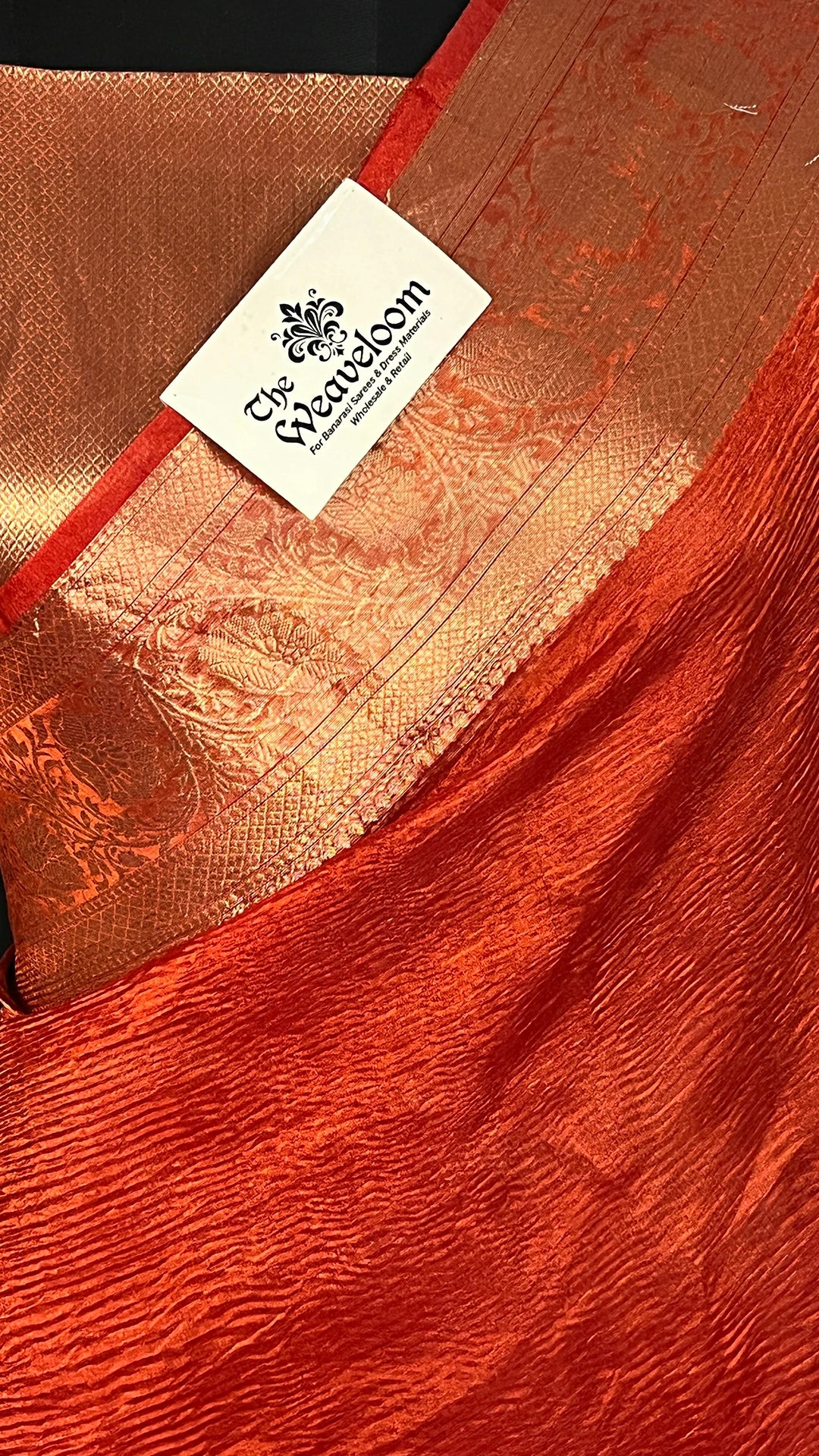 Red Crush Tissue Silk Pure Banarasi Saree With Gold Zari Floral Border Running Blouse - The Weaveloom