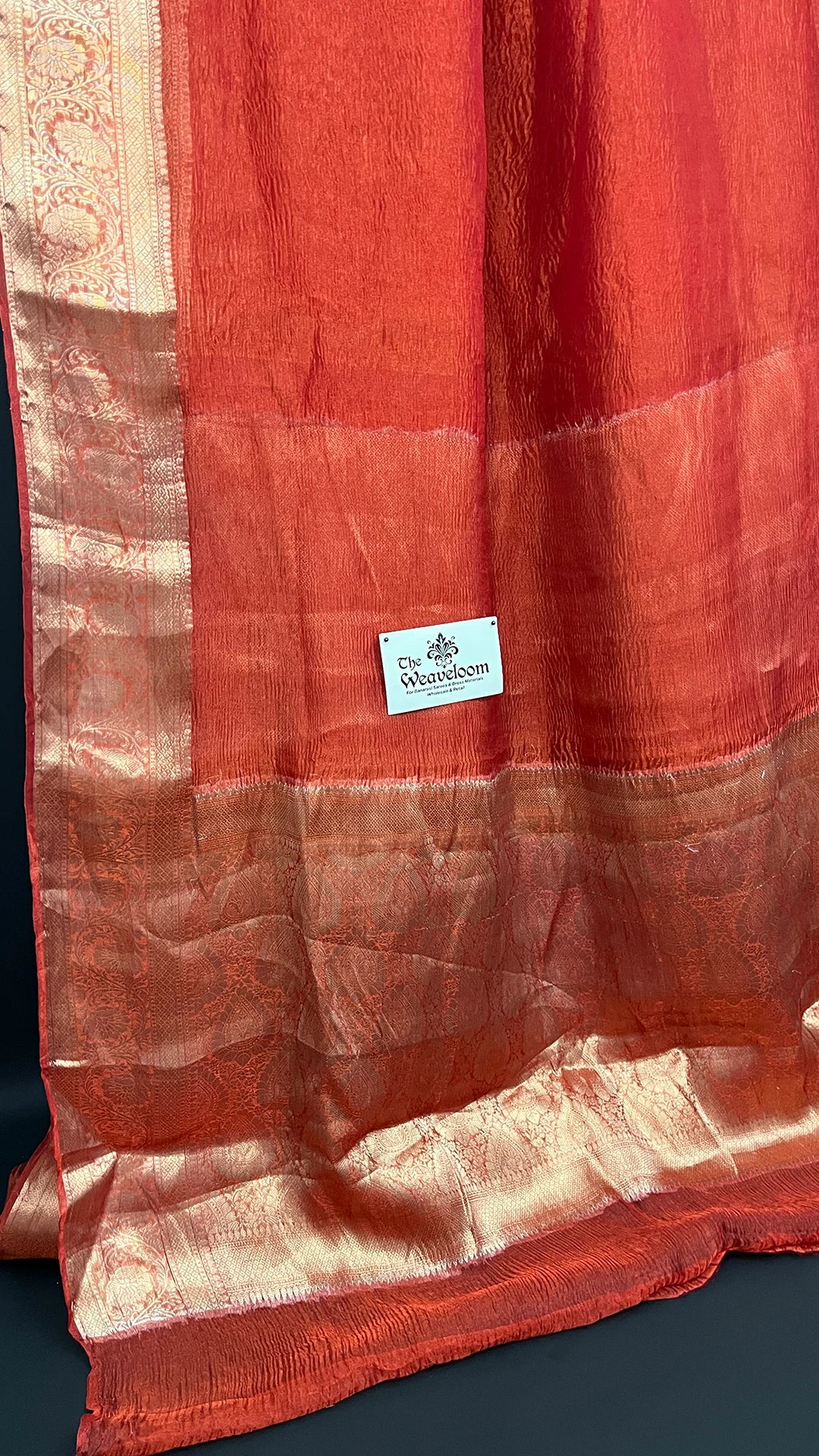 Red Crush Tissue Silk Pure Banarasi Saree With Gold Zari Floral Border Running Blouse - The Weaveloom