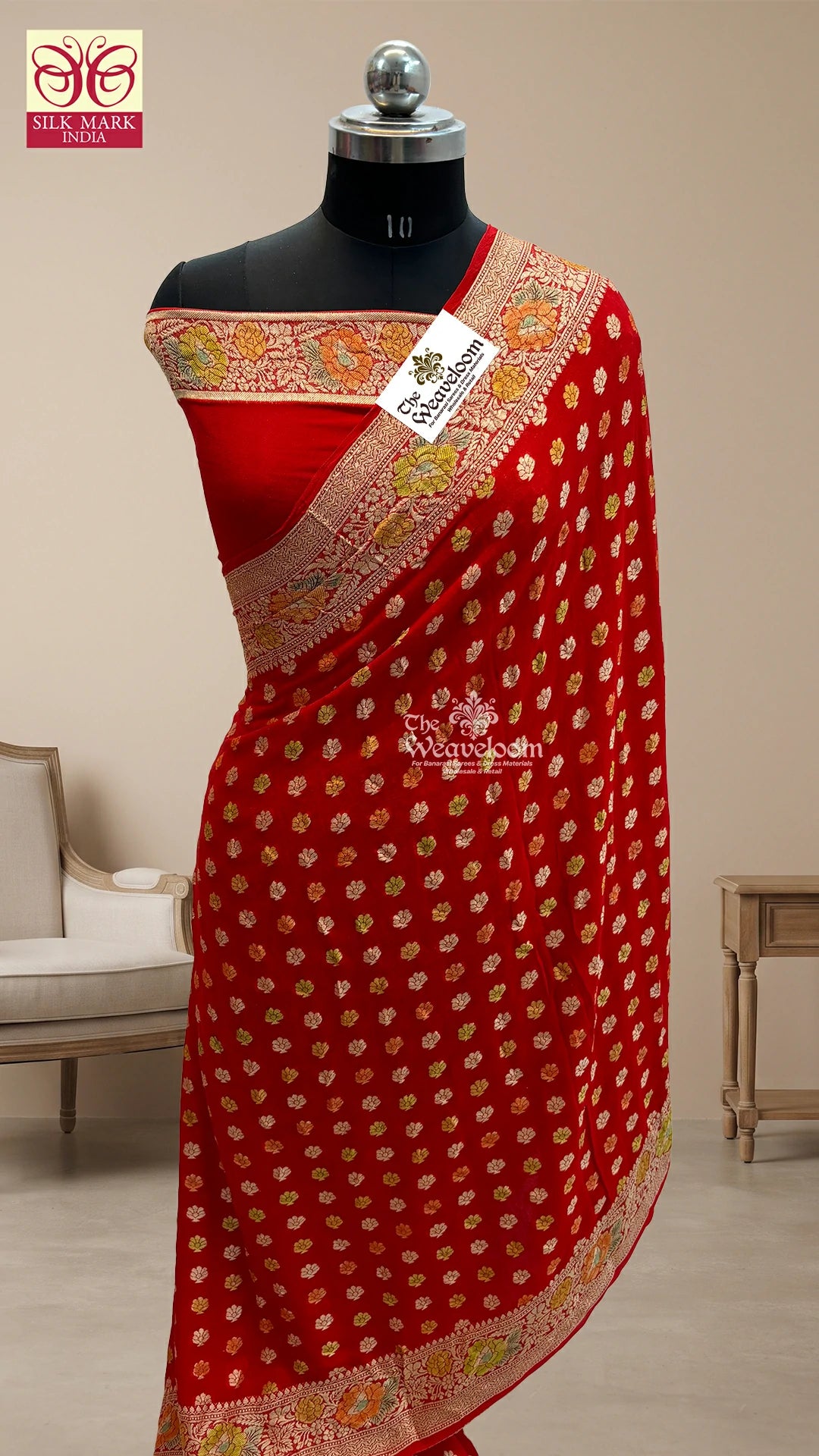 Red Floral Booti Pure Crepe Georgette Banarasi Saree by The Weaveloom
