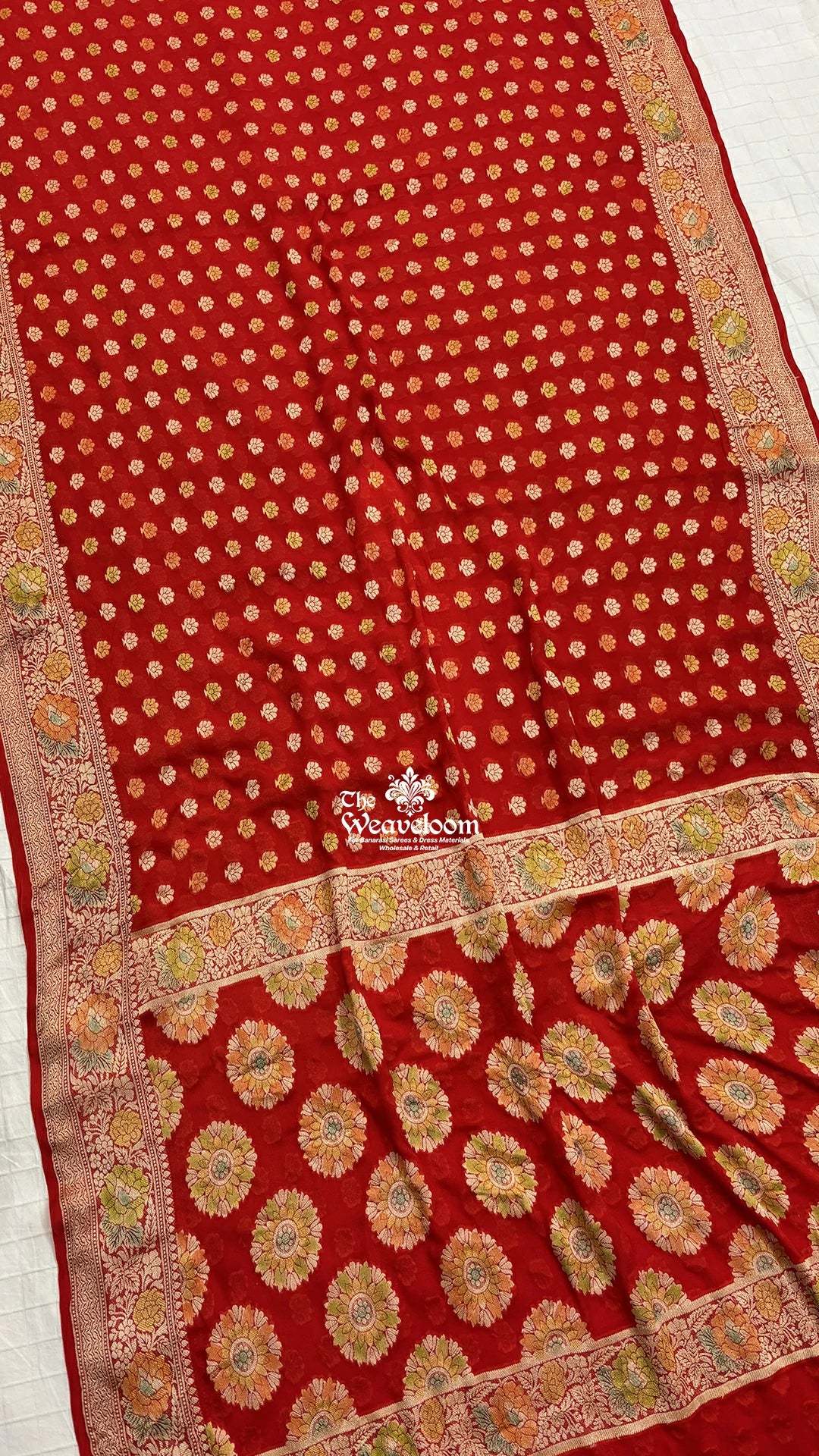 Red Floral Booti Pure Crepe Georgette Banarasi Saree by The Weaveloom