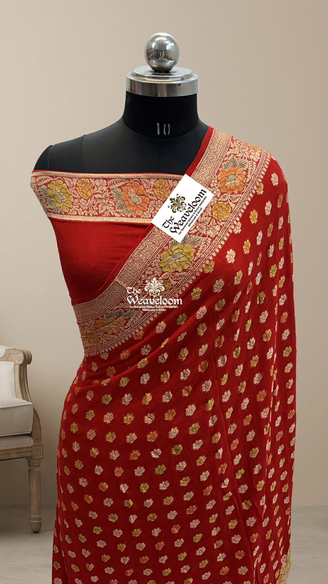 Red Floral Booti Pure Crepe Georgette Banarasi Saree by The Weaveloom