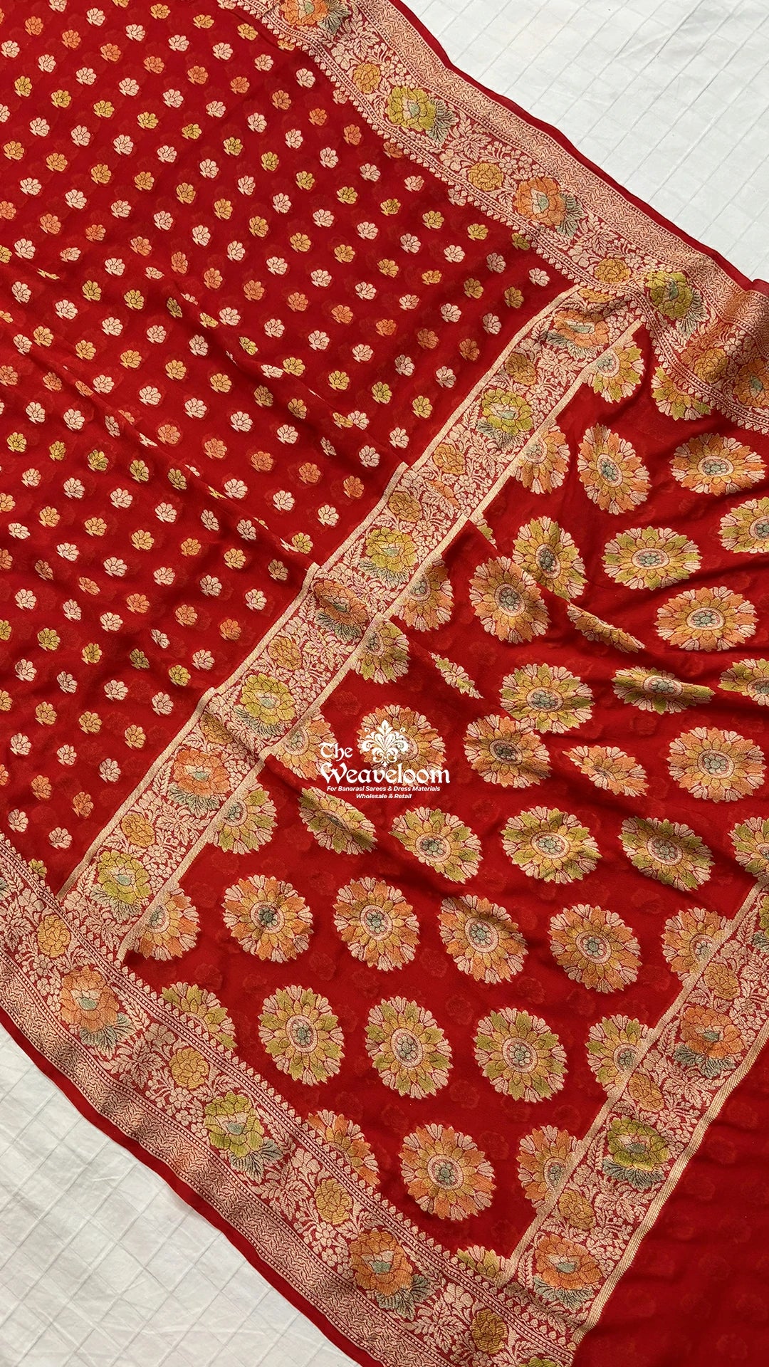 Red Floral Booti Pure Crepe Georgette Banarasi Saree by The Weaveloom