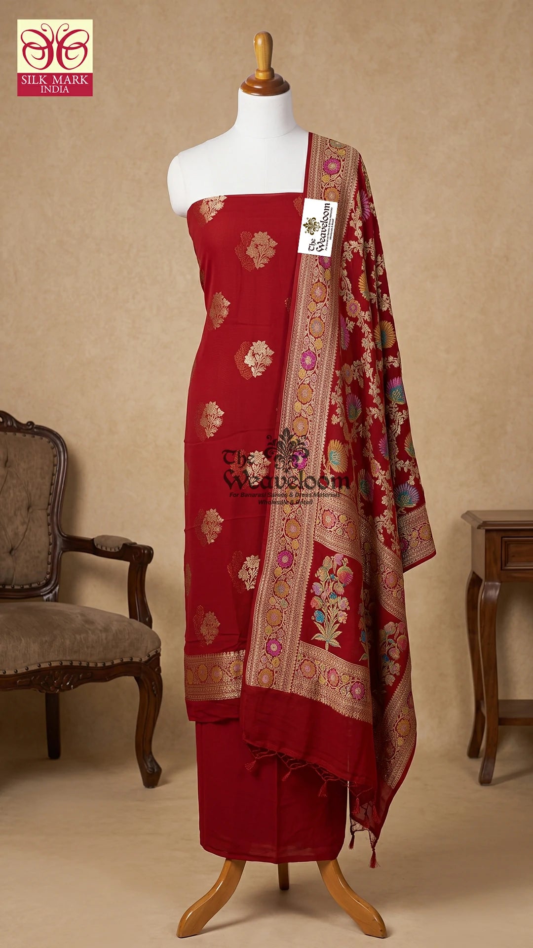 Red Floral Buta Khaddi Georgette Pure Banarasi Dress Material with Water Zari Dupatta by The Weaveloom