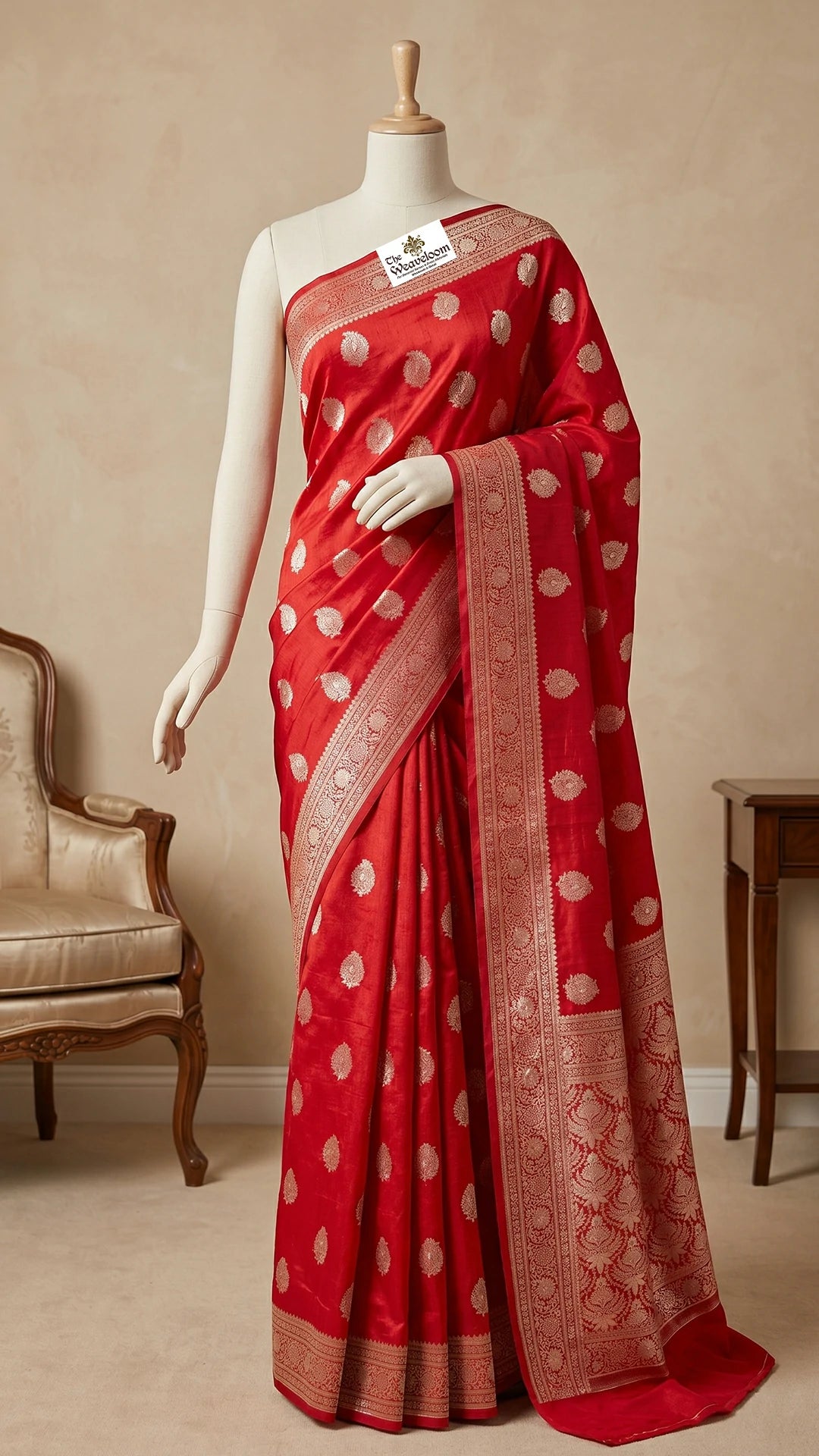 Red Floral Buti Dupion Silk Pure Banarasi Saree with Jaal Pallu by The Weaveloom
