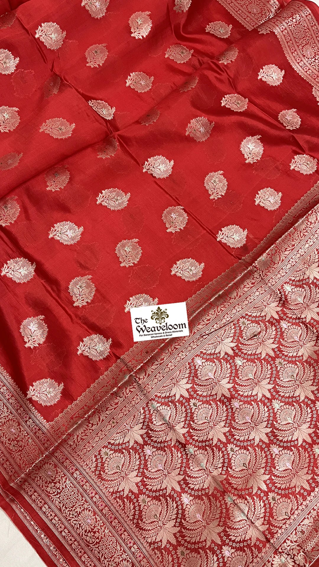 Red Floral Buti Dupion Silk Pure Banarasi Saree with Jaal Pallu by The Weaveloom
