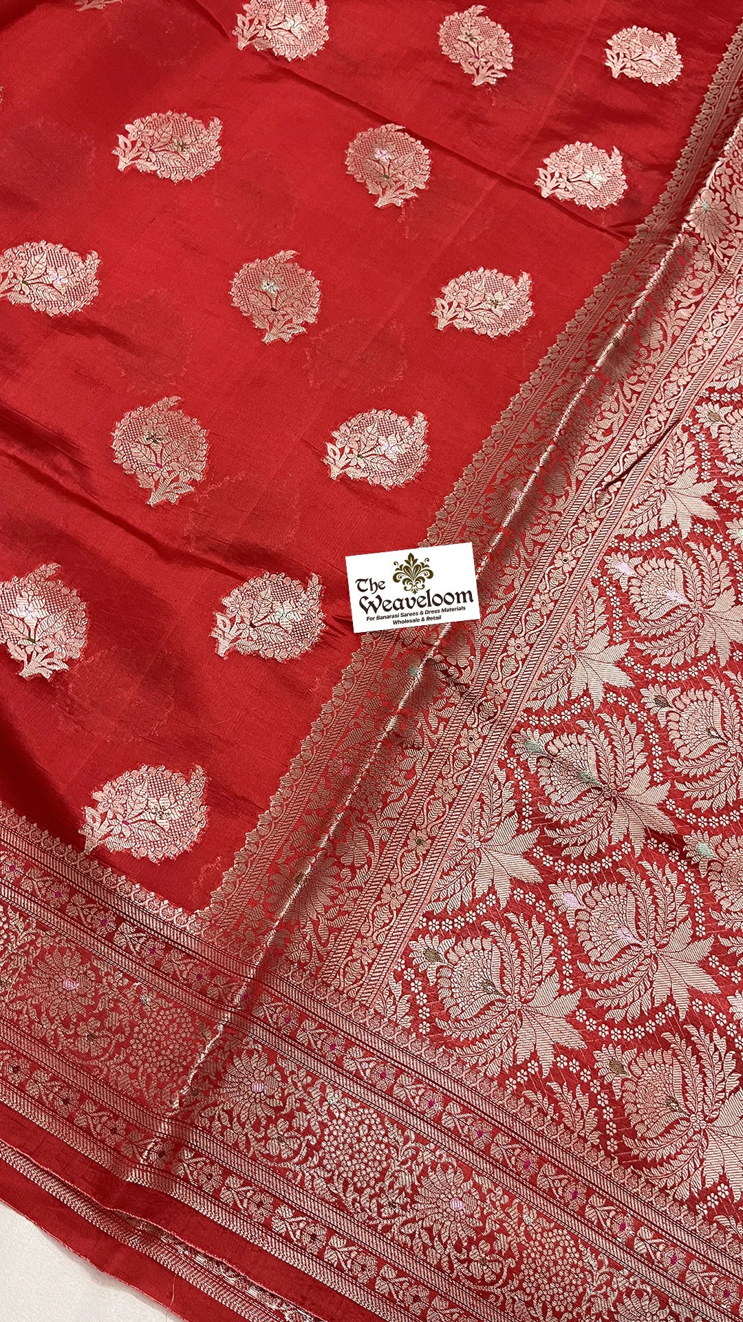 Red Floral Buti Dupion Silk Pure Banarasi Saree with Jaal Pallu by The Weaveloom