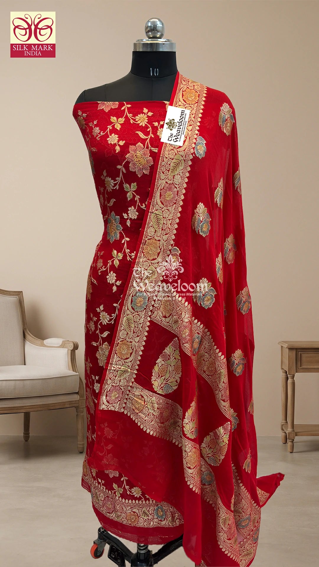 Red floral jaal handbrush Khaddi Georgette pure Banarasi dress material by The Weaveloom