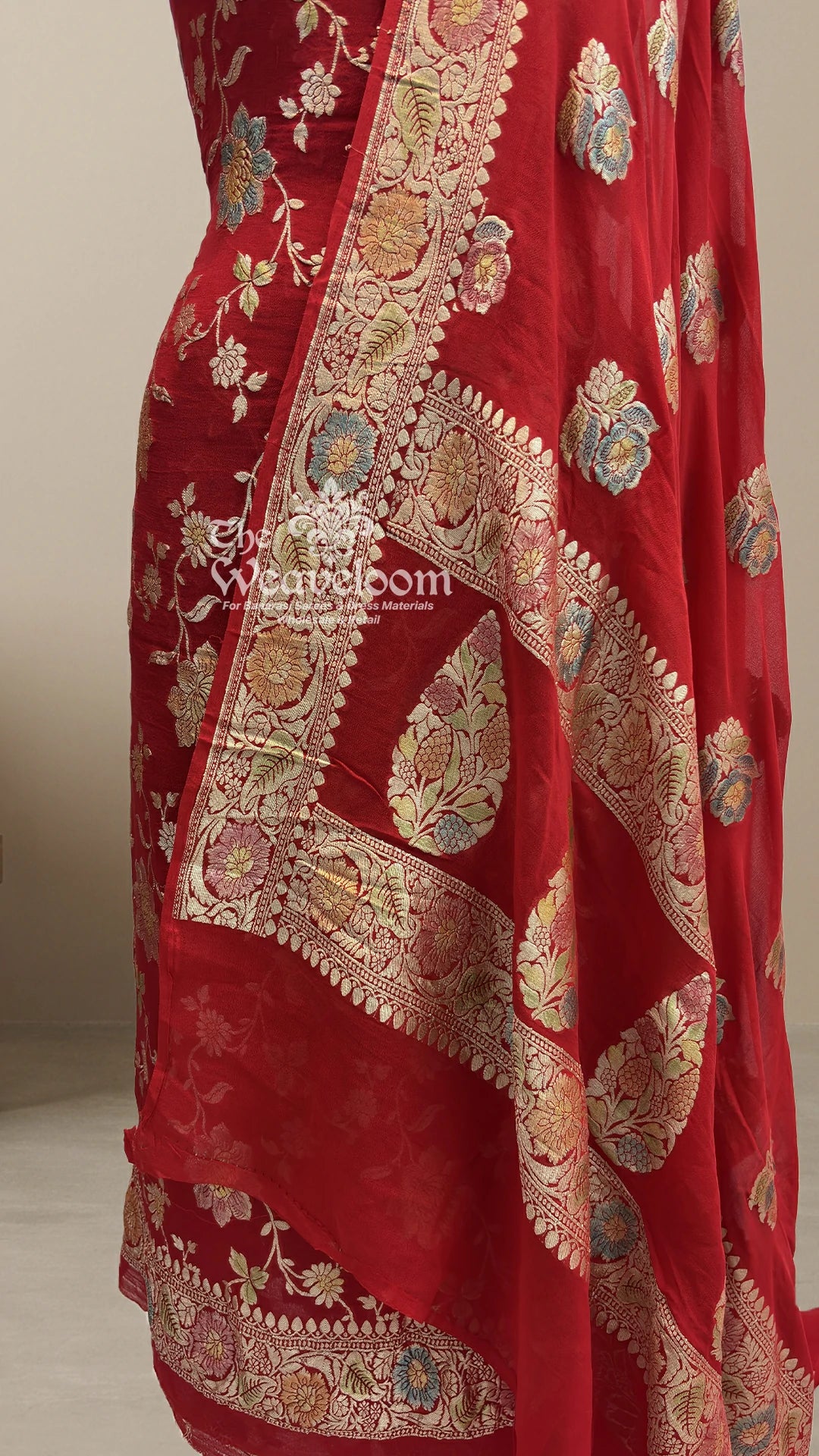 Red floral jaal handbrush Khaddi Georgette pure Banarasi dress material by The Weaveloom