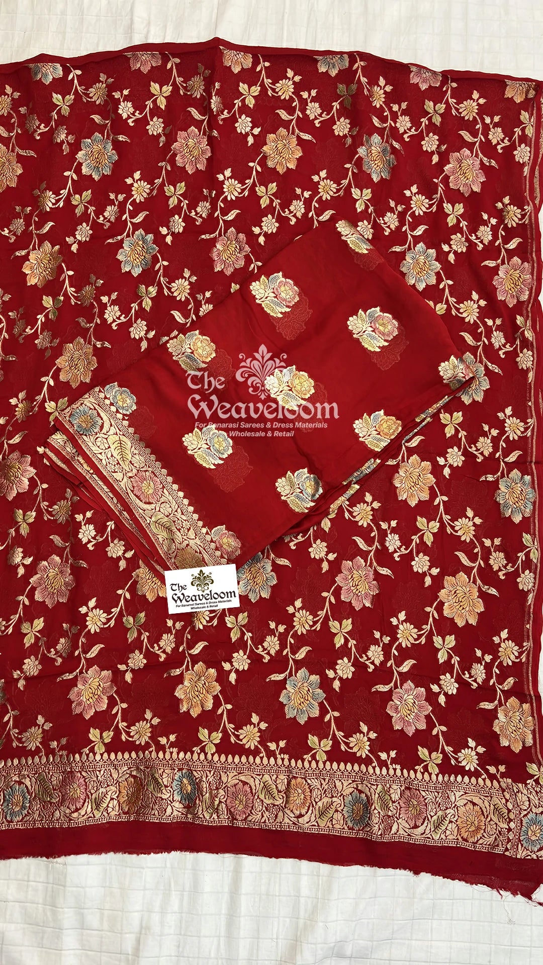 Red floral jaal handbrush Khaddi Georgette pure Banarasi dress material by The Weaveloom
