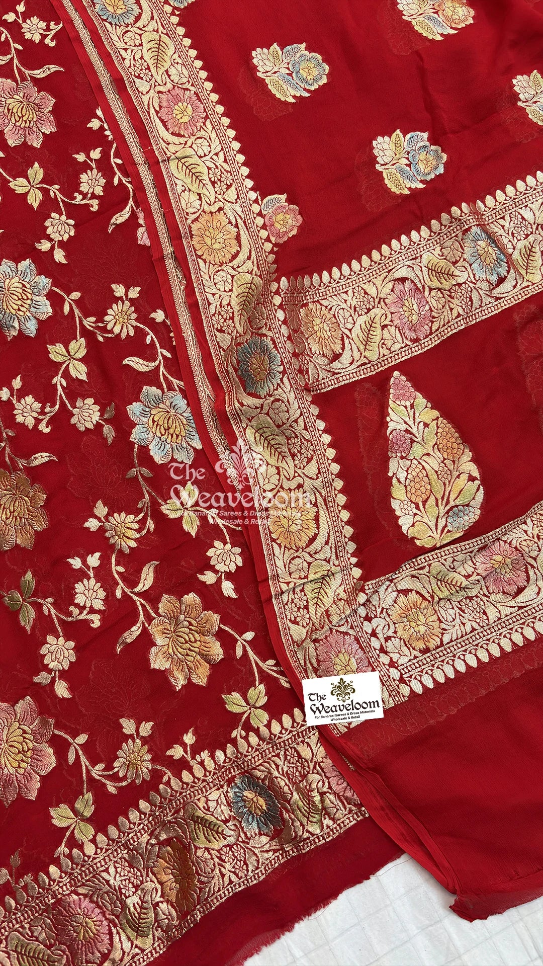 Red floral jaal handbrush Khaddi Georgette pure Banarasi dress material by The Weaveloom