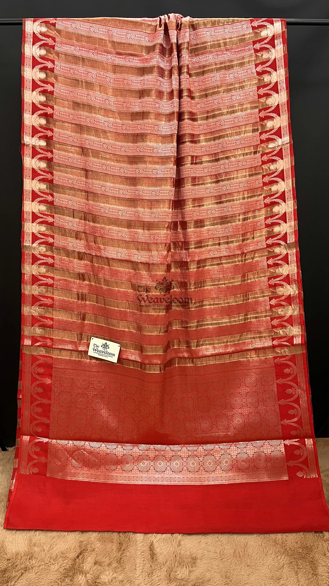 Red floral striped Munga tissue silk pure Banarasi saree by The Weaveloom
