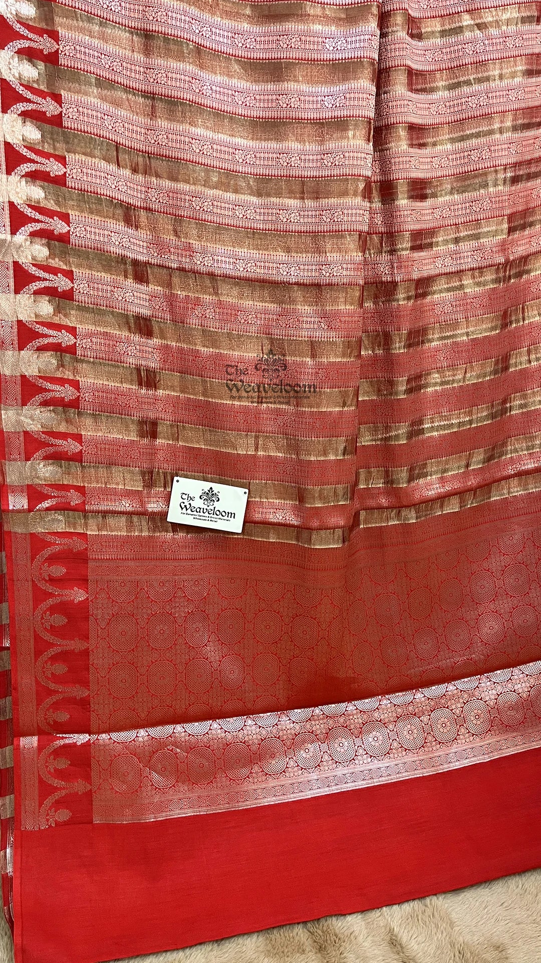 Red floral striped Munga tissue silk pure Banarasi saree by The Weaveloom