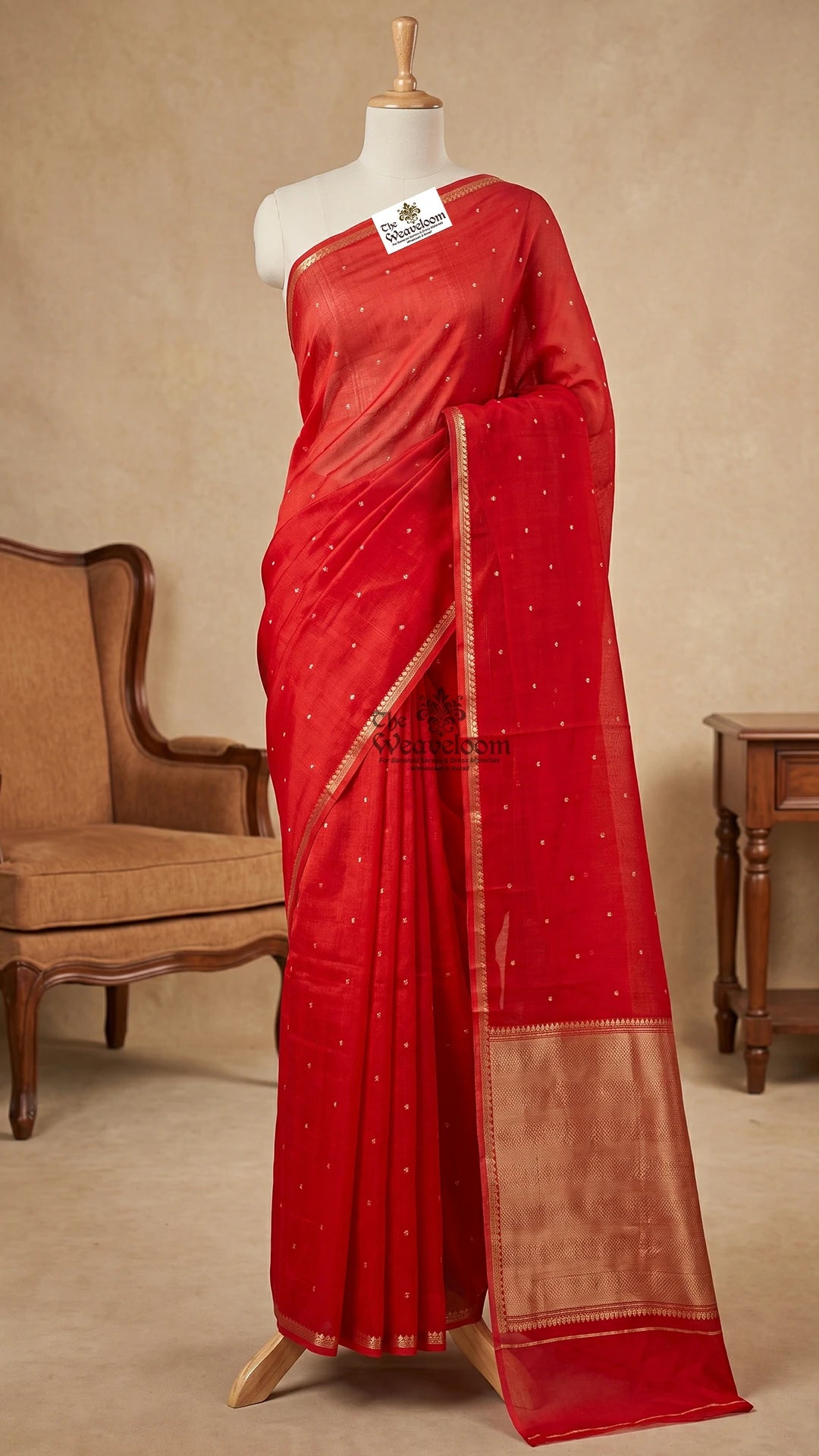 Red Handwoven Kora Silk Banarasi Saree with Gold Kadwa Butti Motifs by The Weaveloom