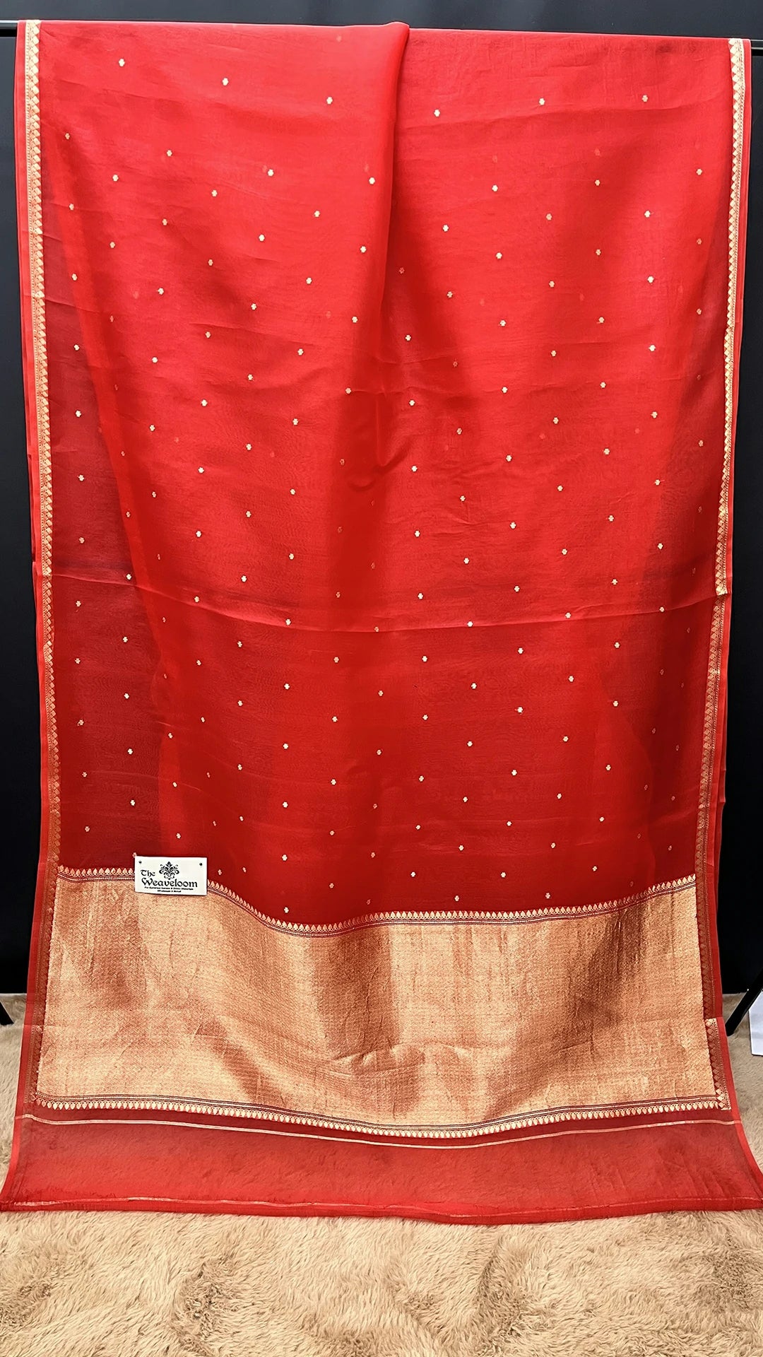 Red Handwoven Kora Silk Banarasi Saree with Gold Kadwa Butti Motifs by The Weaveloom