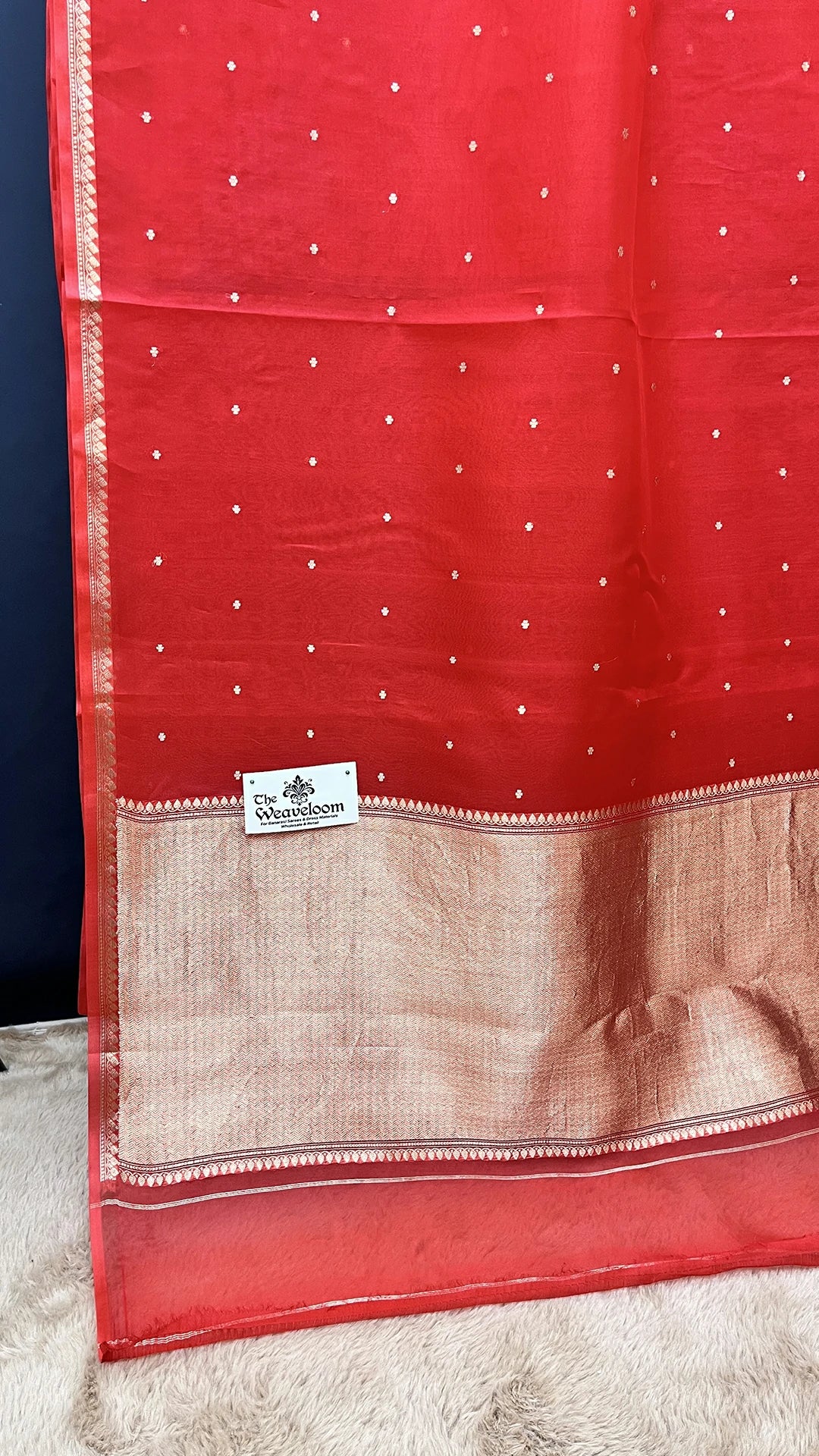 Red Handwoven Kora Silk Banarasi Saree with Gold Kadwa Butti Motifs by The Weaveloom