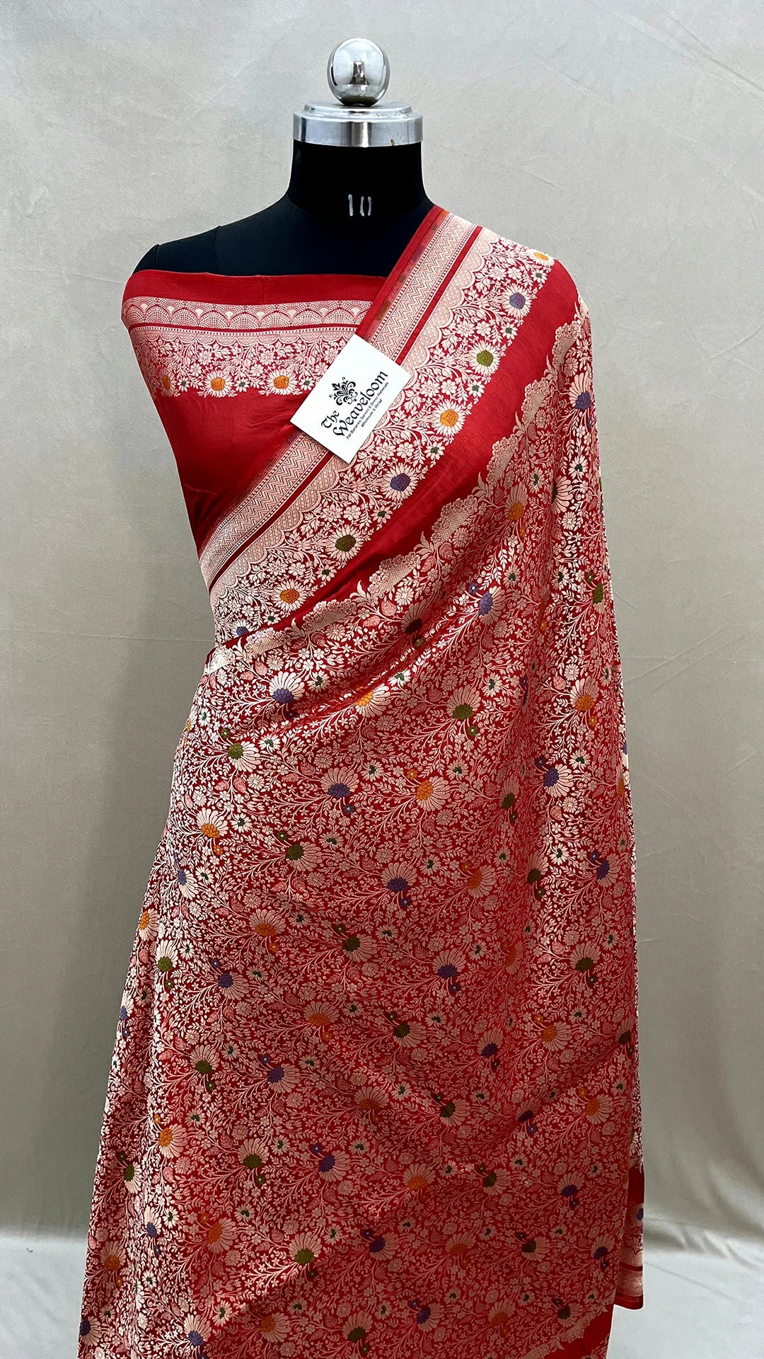 Red Katan Silk Meenakari Pure Banarasi Saree with zari floral jaal and scallop border by The Weaveloom
