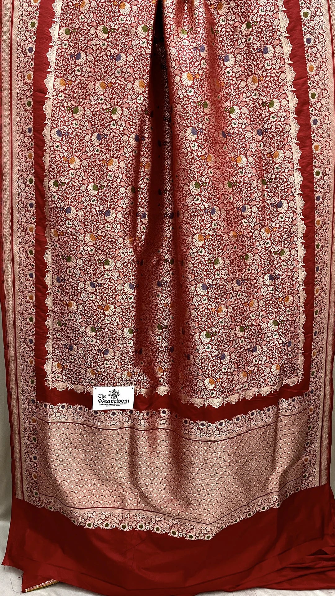 Red Katan Silk Meenakari Pure Banarasi Saree with zari floral jaal and scallop border by The Weaveloom