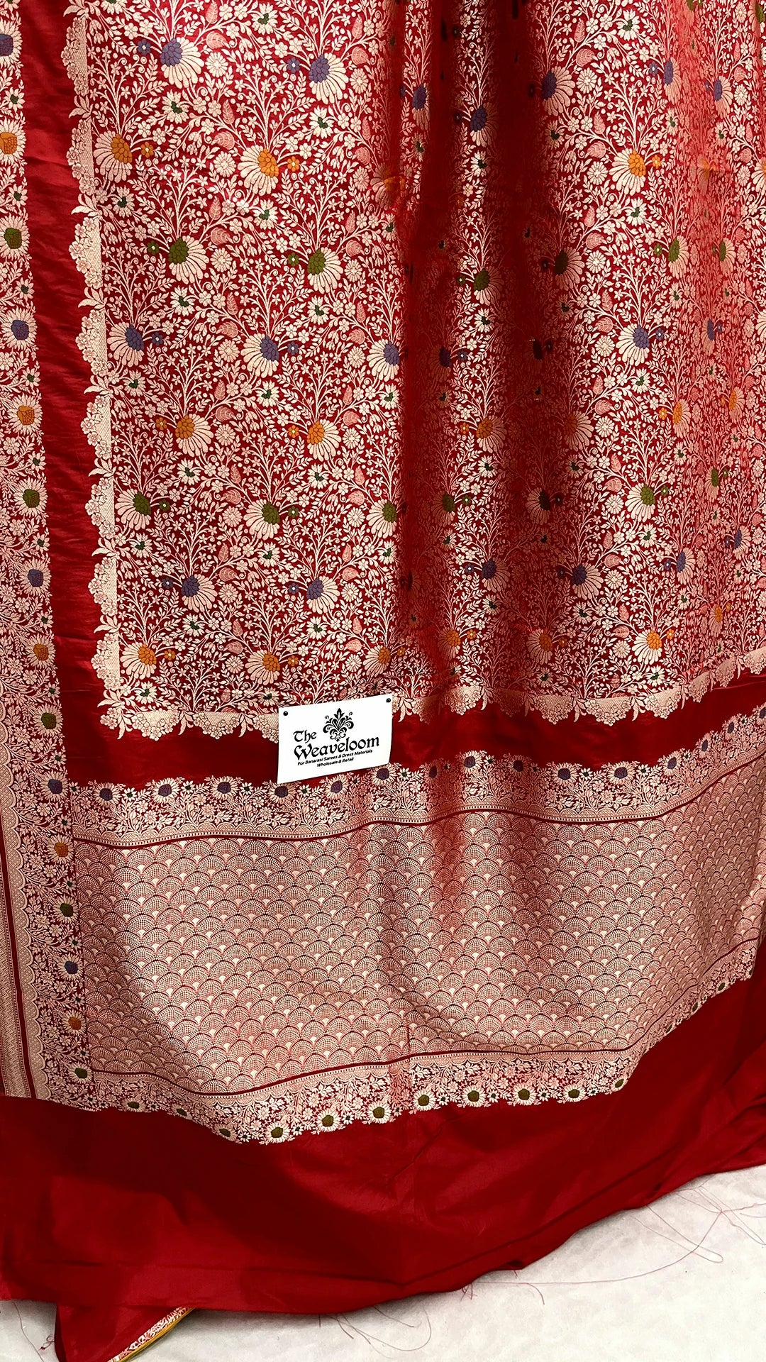 Red Katan Silk Meenakari Pure Banarasi Saree with zari floral jaal and scallop border by The Weaveloom