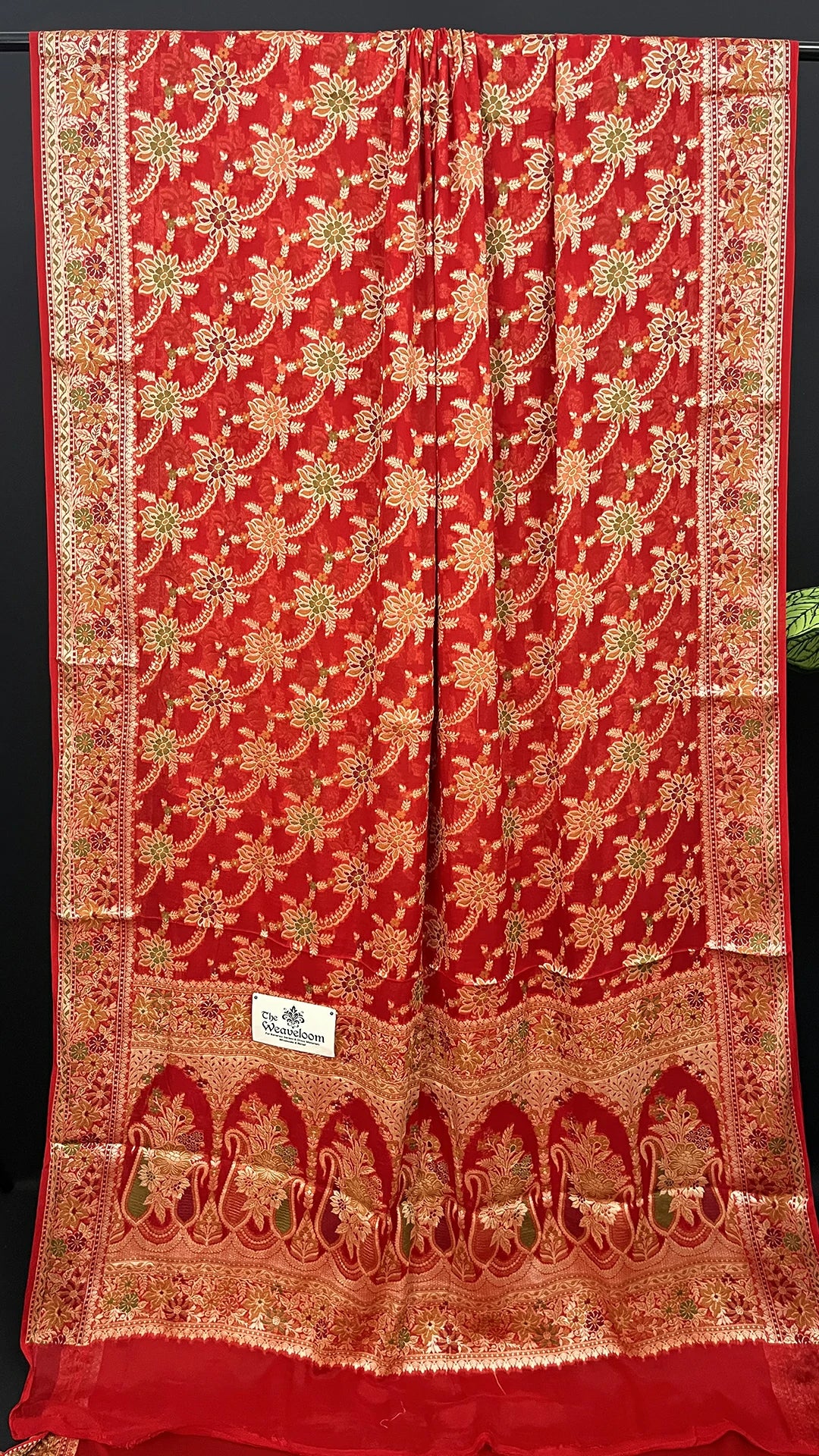 Red Khaddi Chiffon Banarasi Saree With Meenakari Floral Jaal Scalloped Border Pallu — The Weaveloom