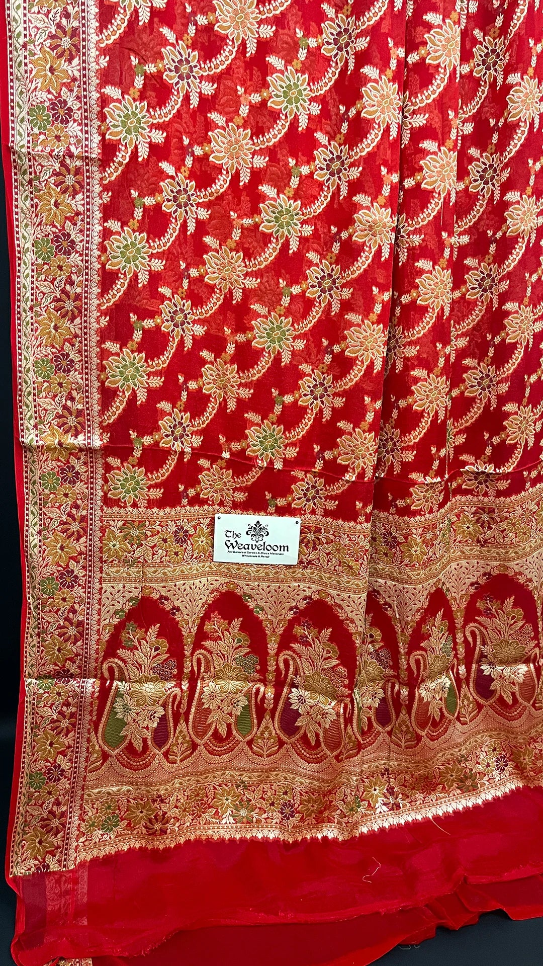Red Khaddi Chiffon Banarasi Saree With Meenakari Floral Jaal Scalloped Border Pallu — The Weaveloom
