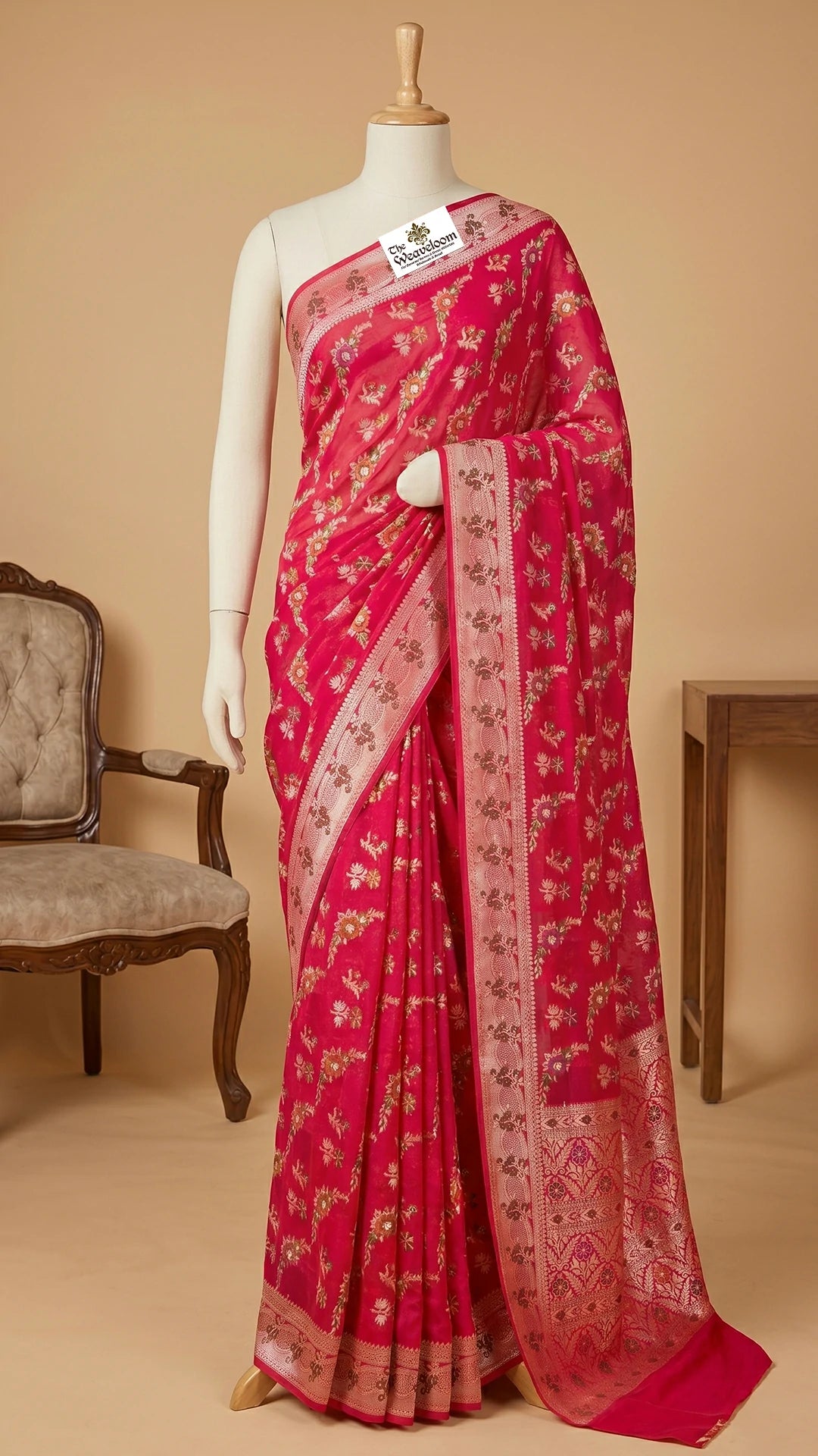 Red Khaddi Chiffon Pure Banarasi Saree with Meenakari Floral Butti Jaal and Zari Border – The Weaveloom
