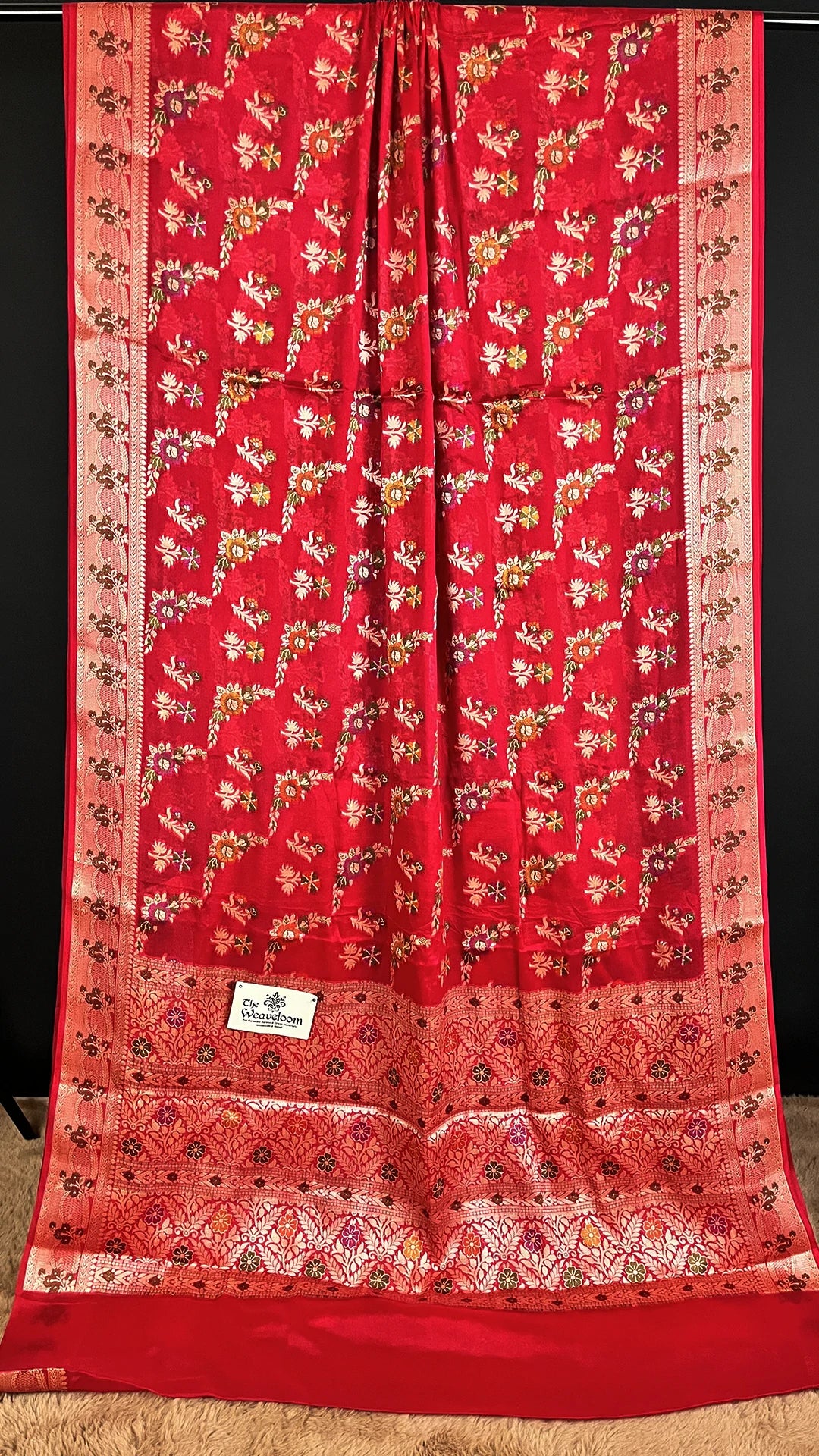 Red Khaddi Chiffon Pure Banarasi Saree with Meenakari Floral Butti Jaal and Zari Border – The Weaveloom

