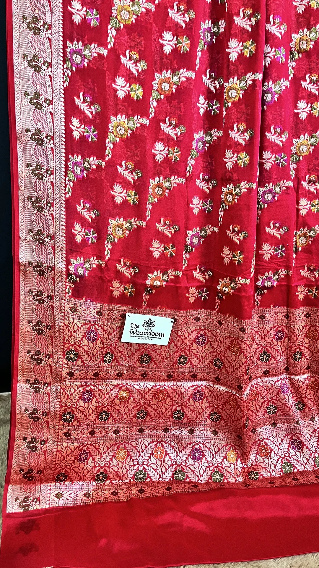 Red Khaddi Chiffon Pure Banarasi Saree with Meenakari Floral Butti Jaal and Zari Border – The Weaveloom
