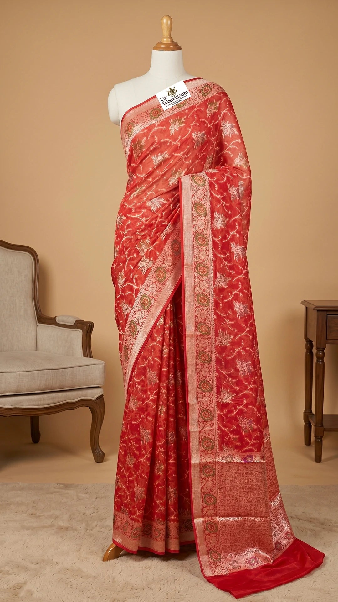 Red Khaddi Chiffon Pure Banarasi Saree with Meenakari Jaal Floral Motifs – The Weaveloom