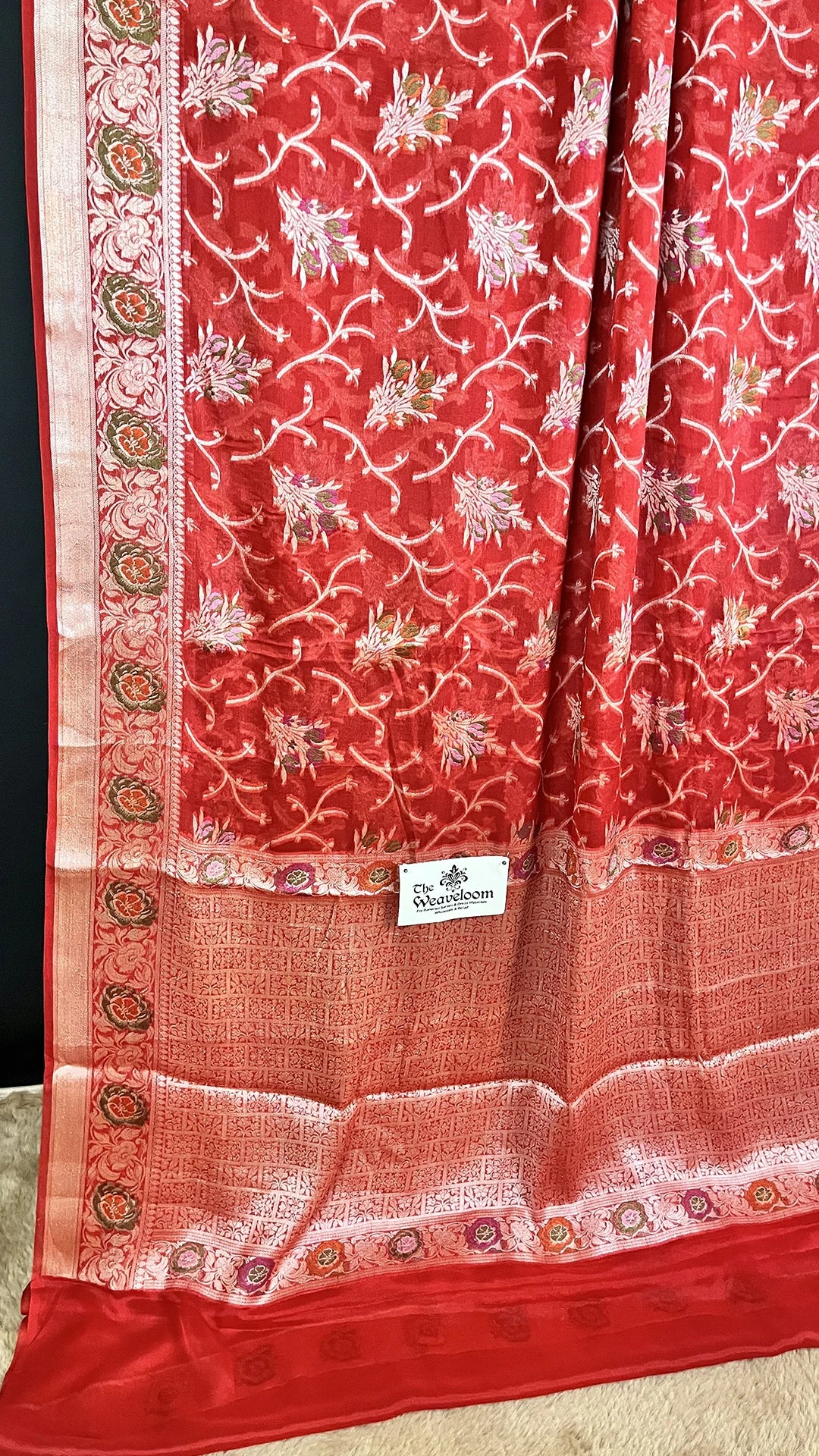 Red Khaddi Chiffon Pure Banarasi Saree with Meenakari Jaal Floral Motifs – The Weaveloom