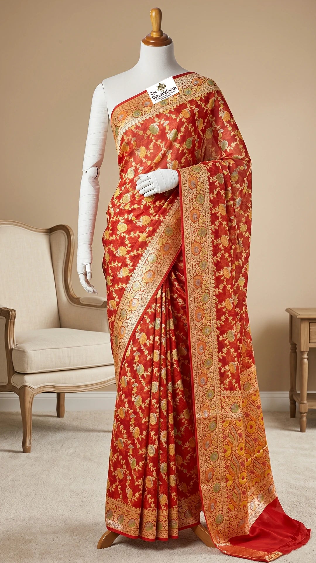 Red Khaddi Chiffon Pure Banarasi Saree with Multicolour Meenakari Floral Jaal Gold Zari Border The Weaveloom