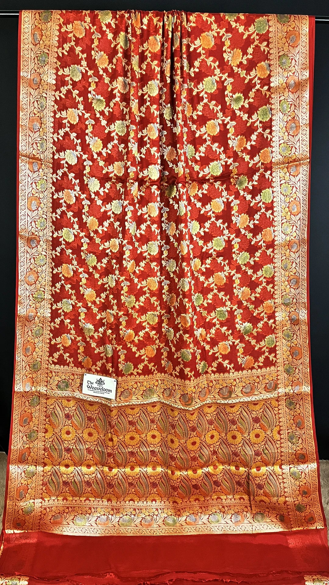 Red Khaddi Chiffon Pure Banarasi Saree with Multicolour Meenakari Floral Jaal Gold Zari Border The Weaveloom