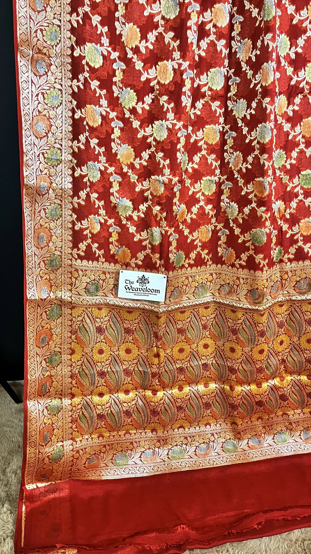 Red Khaddi Chiffon Pure Banarasi Saree with Multicolour Meenakari Floral Jaal Gold Zari Border The Weaveloom