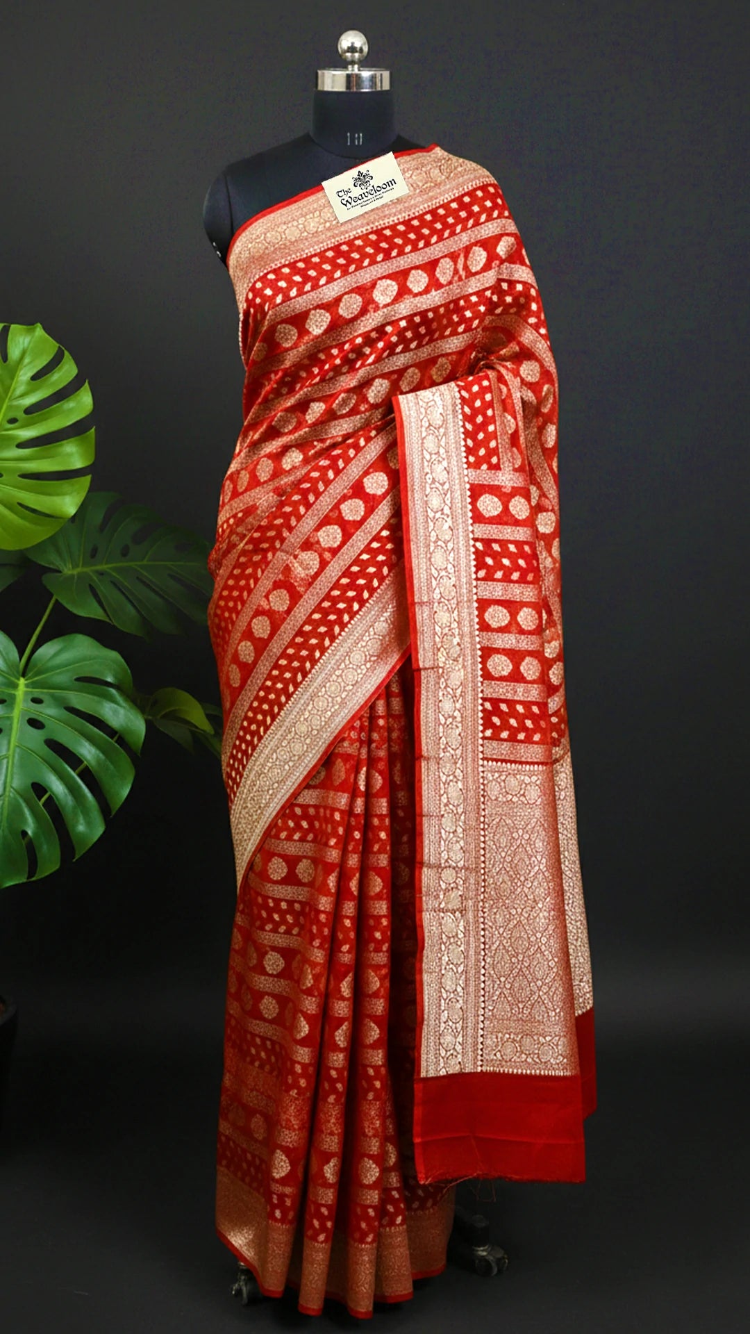 Red Khaddi Georgette Banarasi Saree with Water Zari Floral Border Rich Pallu by The Weaveloom