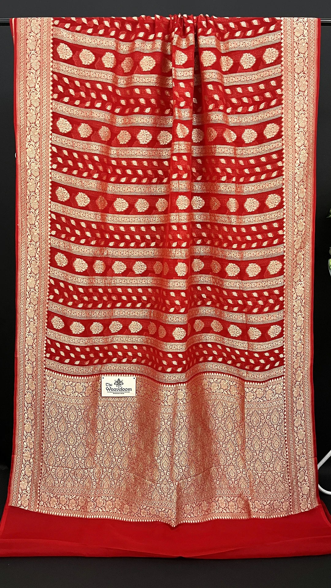 Red Khaddi Georgette Banarasi Saree with Water Zari Floral Border Rich Pallu by The Weaveloom