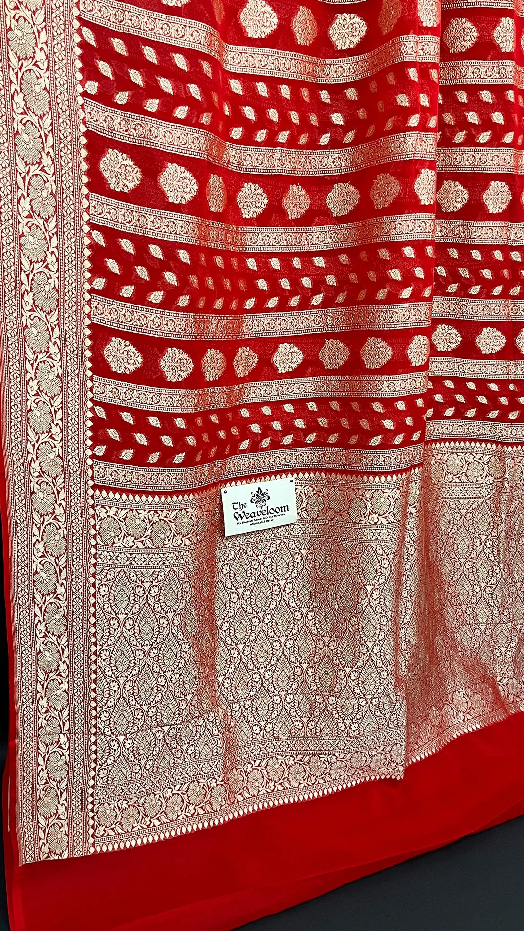 Red Khaddi Georgette Banarasi Saree with Water Zari Floral Border Rich Pallu by The Weaveloom
