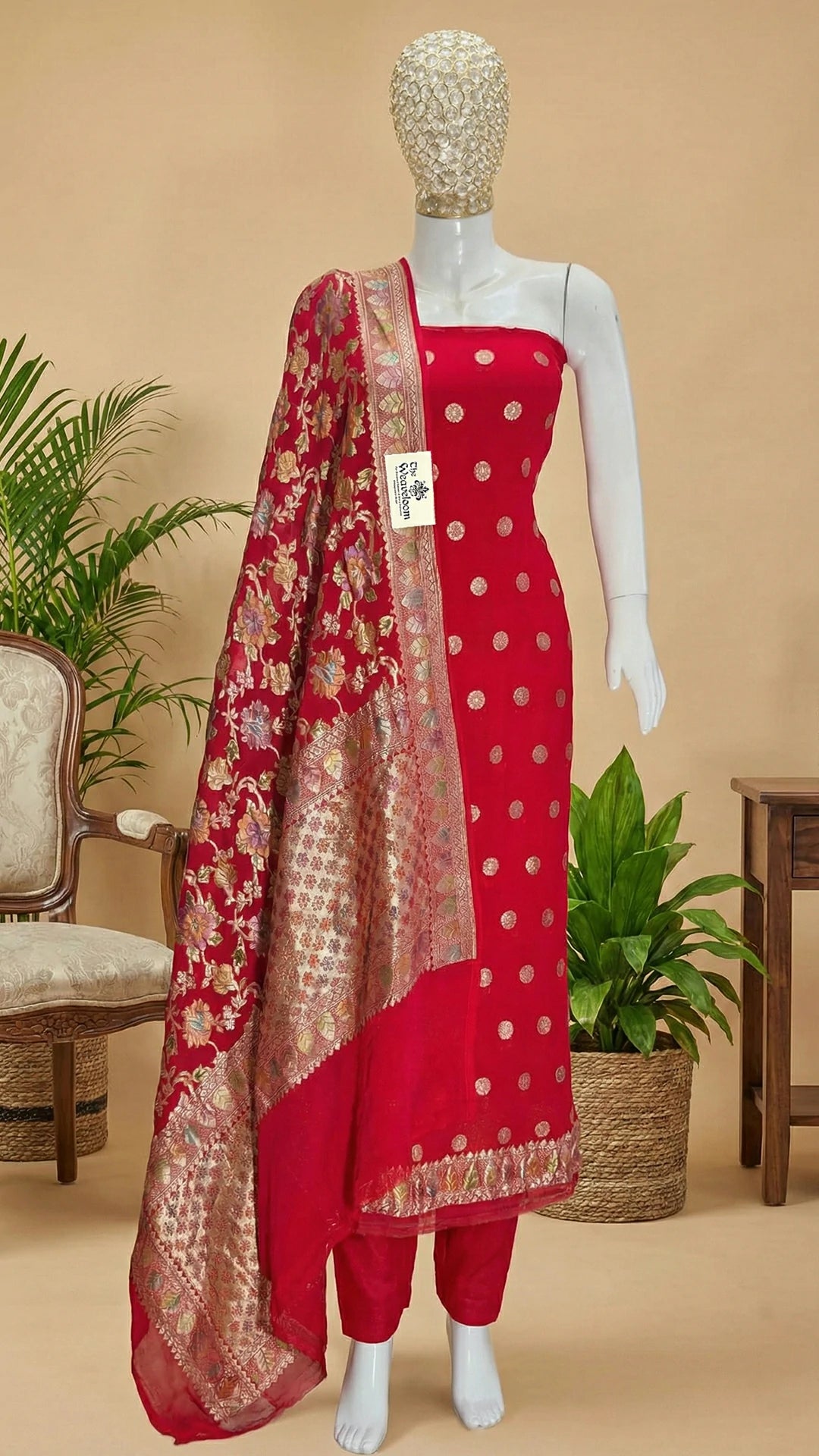 Red Khaddi Georgette Pure Banarasi Dress Material with Dupatta Hand Brush Water Zari by The Weaveloom