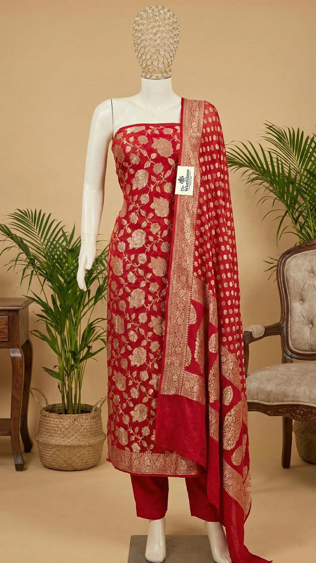 Red Khaddi Georgette Pure Banarasi Dress Material Jaal Work on Suit by The Weaveloom