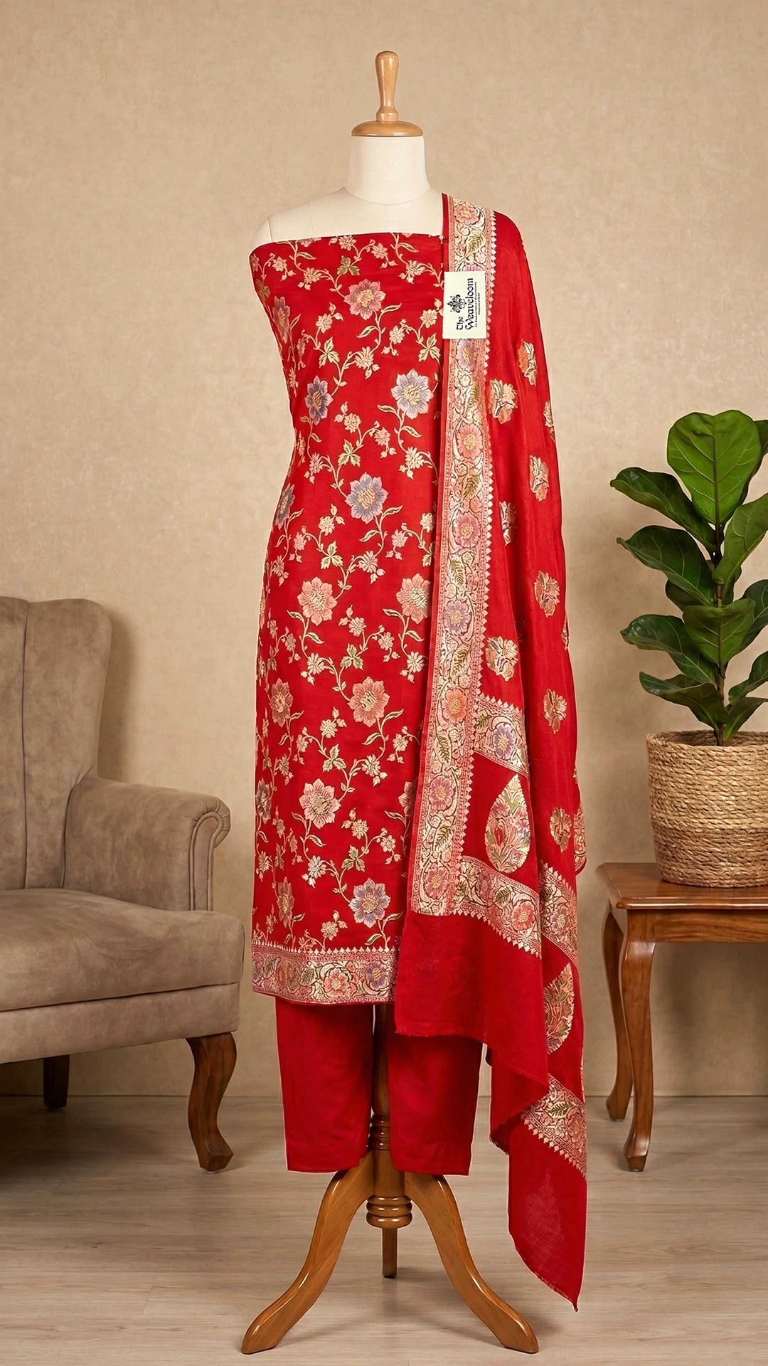 Red Khaddi Georgette Pure Banarasi Dress Material Jaal Work Water Zari Unstitched Suit by The Weaveloom