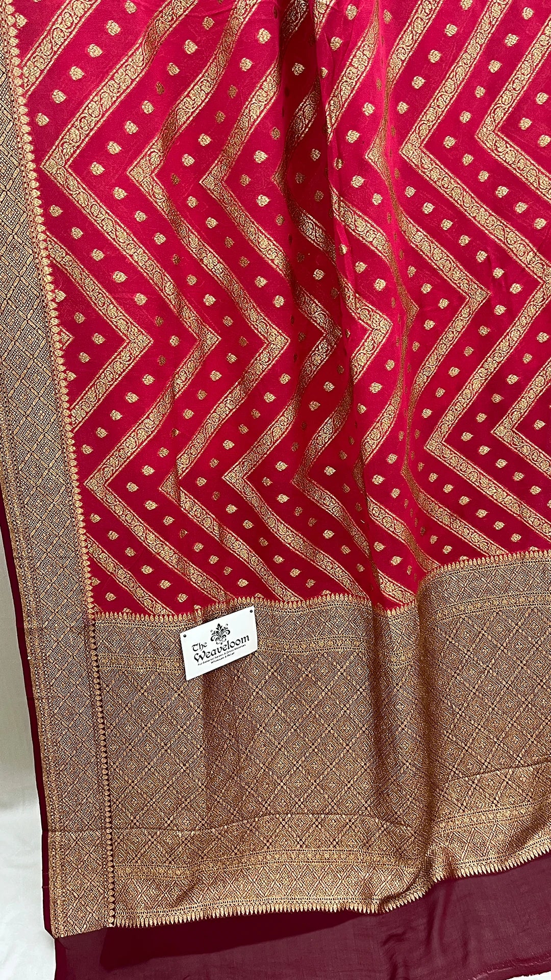 Red Khaddi Georgette Pure Banarasi Saree with Antique Zari Border by The Weaveloom