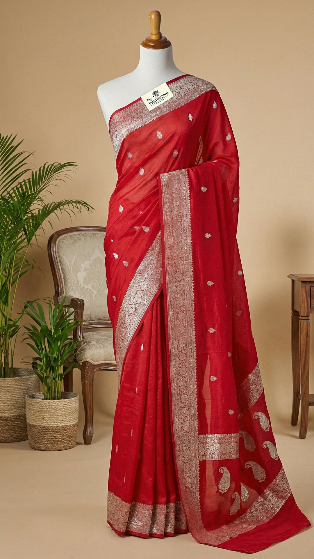 Red Khaddi Georgette Pure Banarasi Saree with Silver Zari Paisley Border by The Weaveloom