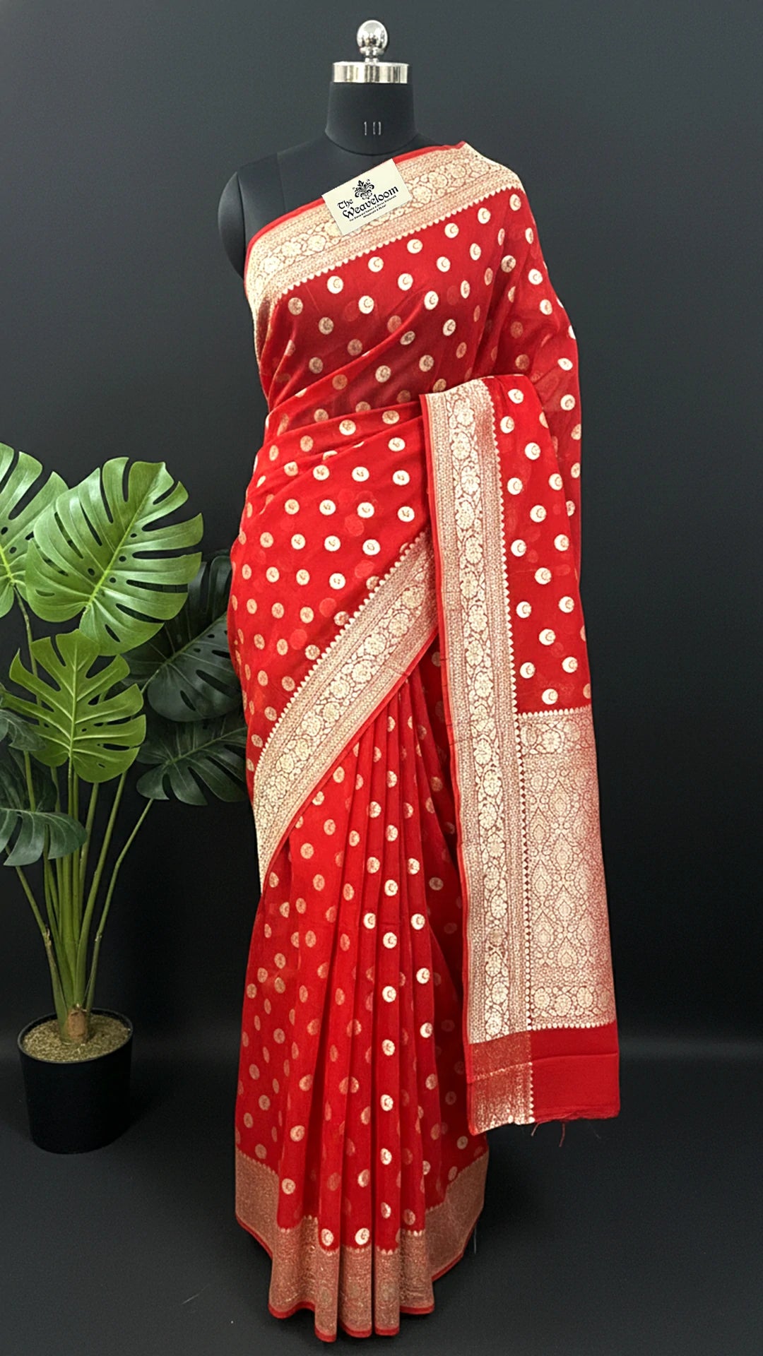 Red Khaddi Georgette Pure Banarasi Saree with Water Zari Chand Tara Pattern by The Weaveloom